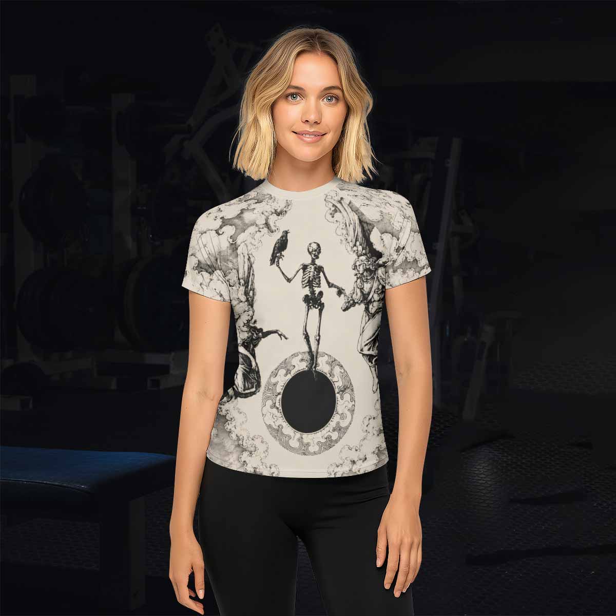 Celestial Memento Mori Women's Rash Guard Short Sleeve - lifestyle view