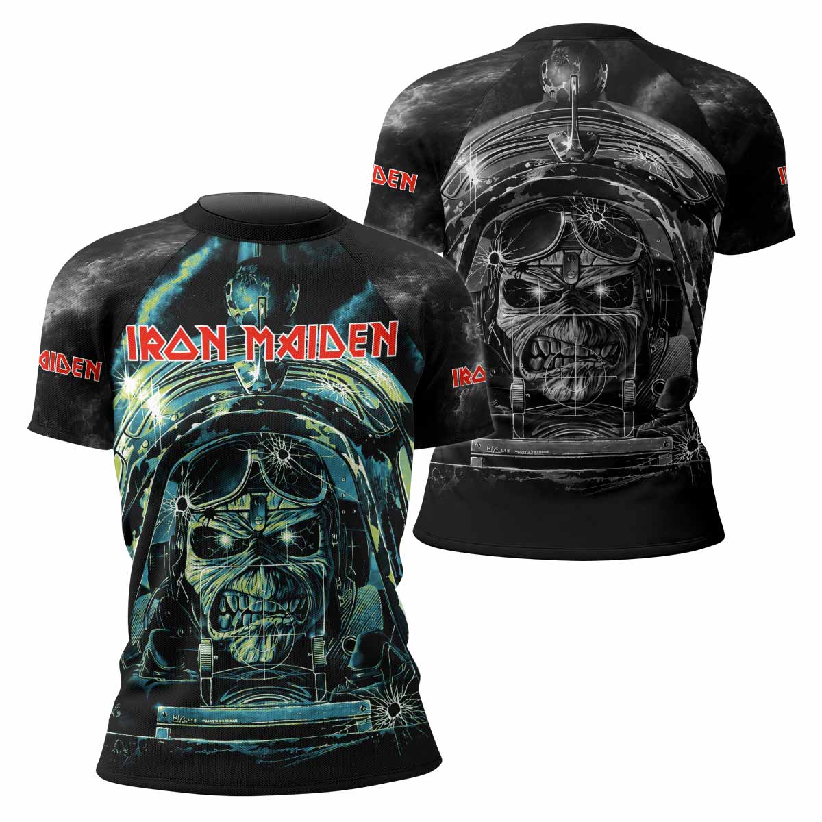 Iron Maiden Aces High Eddie Pilot Women's Rash Guard Short Sleeve - front and back view