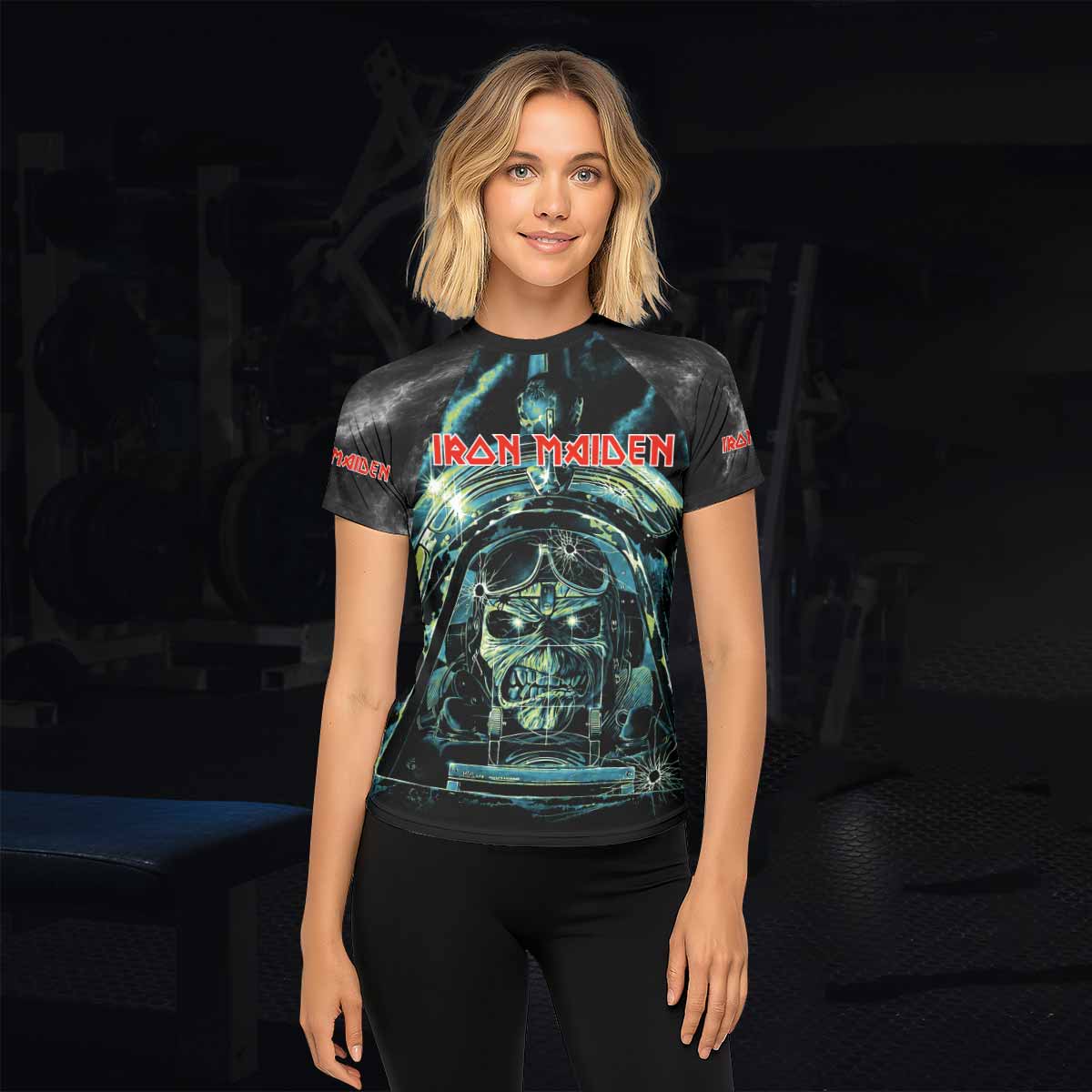 Iron Maiden Aces High Eddie Pilot Women's Rash Guard Short Sleeve - lifestyle view