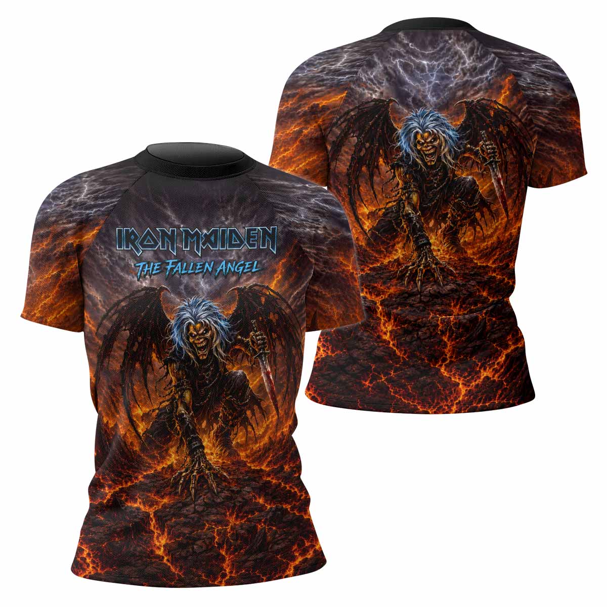 Iron Maiden The Fallen Angel Eddie Women's Rash Guard Short Sleeve - front and back view
