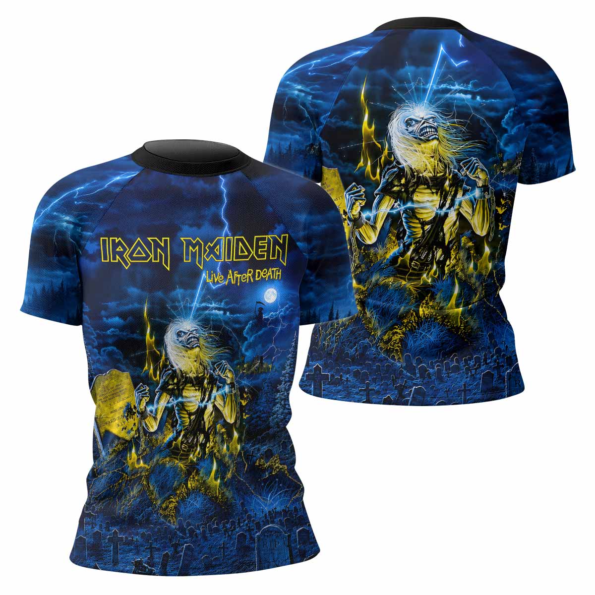 Iron Maiden Live After Death Eddie Women's Rash Guard Short Sleeve - front and back view