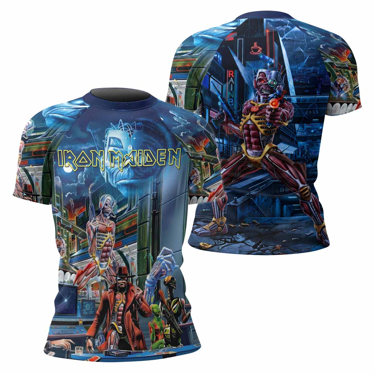 Iron Maiden Somewhere in Time Eddie Cyborg Women's Rash Guard Short Sleeve - front and back view