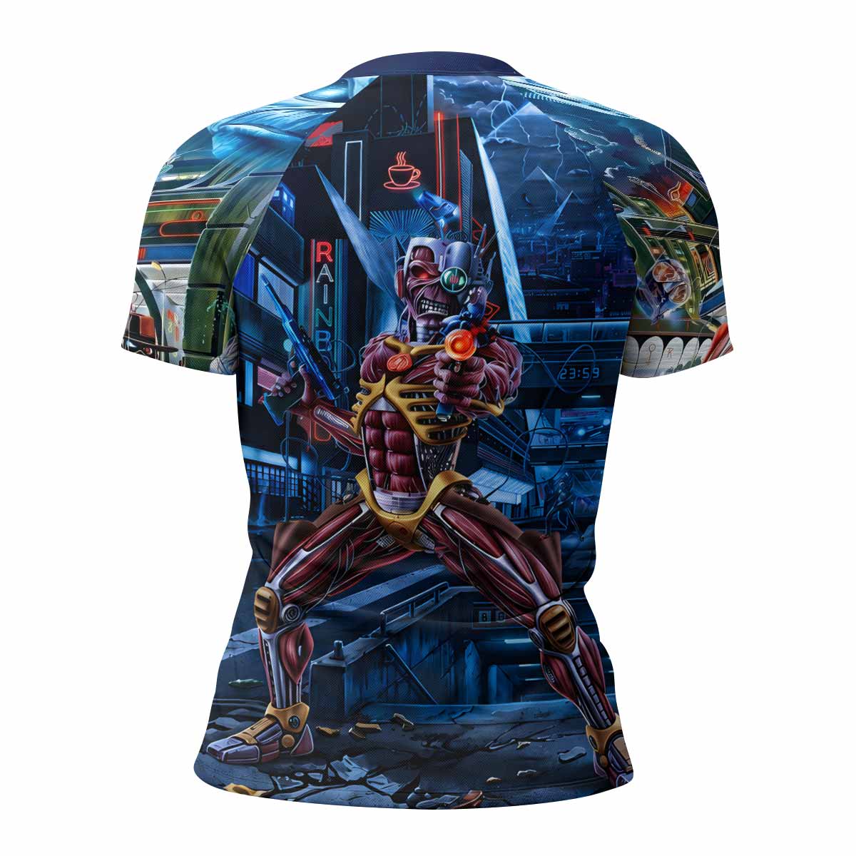 Iron Maiden Somewhere in Time Eddie Cyborg Women's Rash Guard Short Sleeve - back view mockup