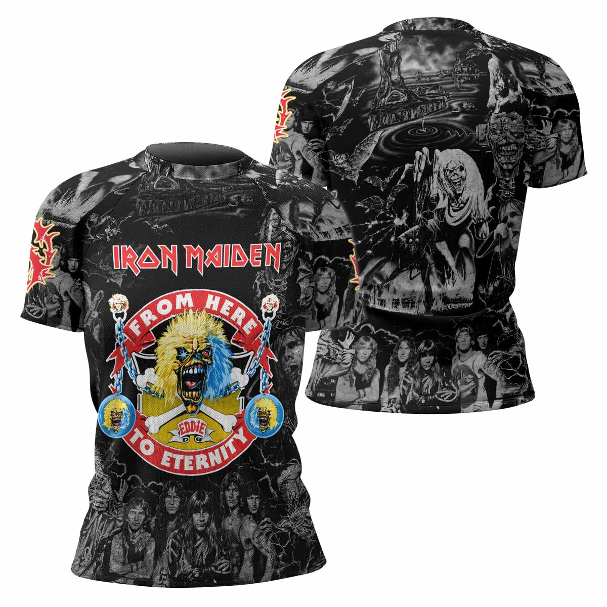 Iron Maiden From Here to Eternity Eddie Women's Rash Guard Short Sleeve - front and back view