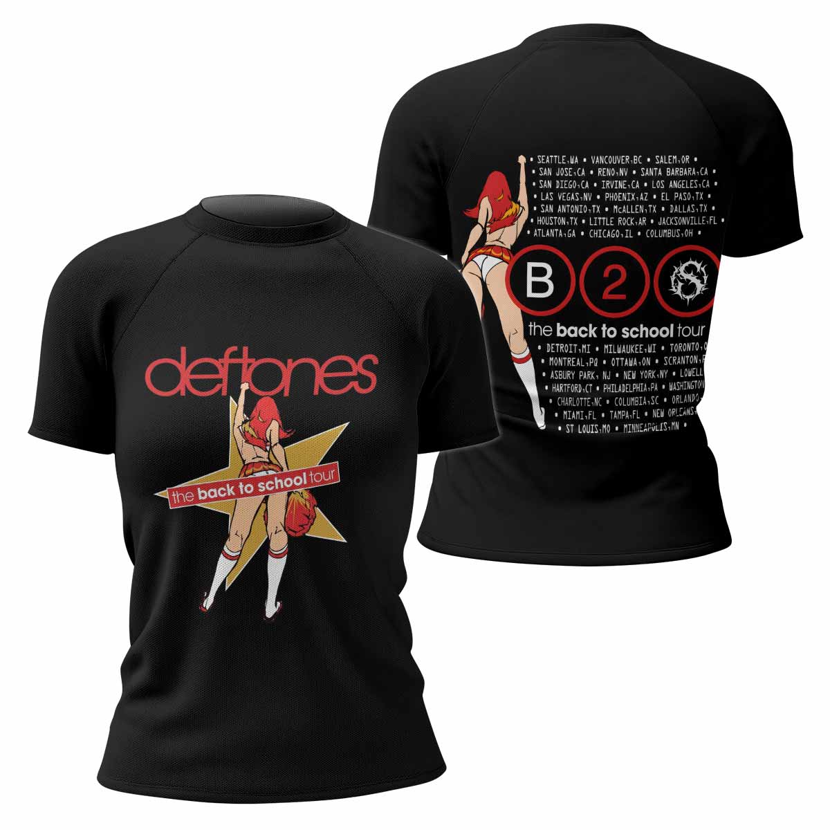 Deftones Back to School Tour Women's Rash Guard Short Sleeve - front and back view