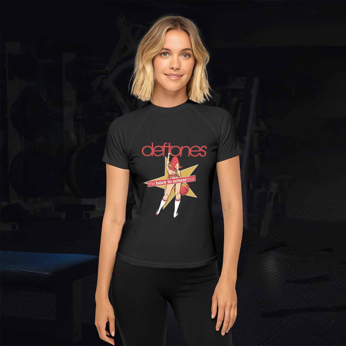 Deftones Back to School Tour Women's Rash Guard Short Sleeve - lifestyle view
