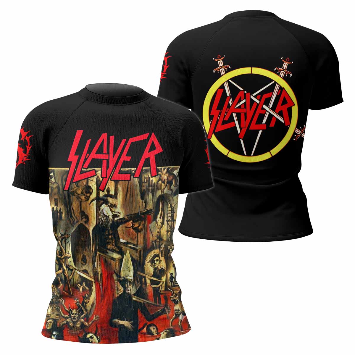 South of Heaven Slayer Women's Rash Guard Short Sleeve - front and back view