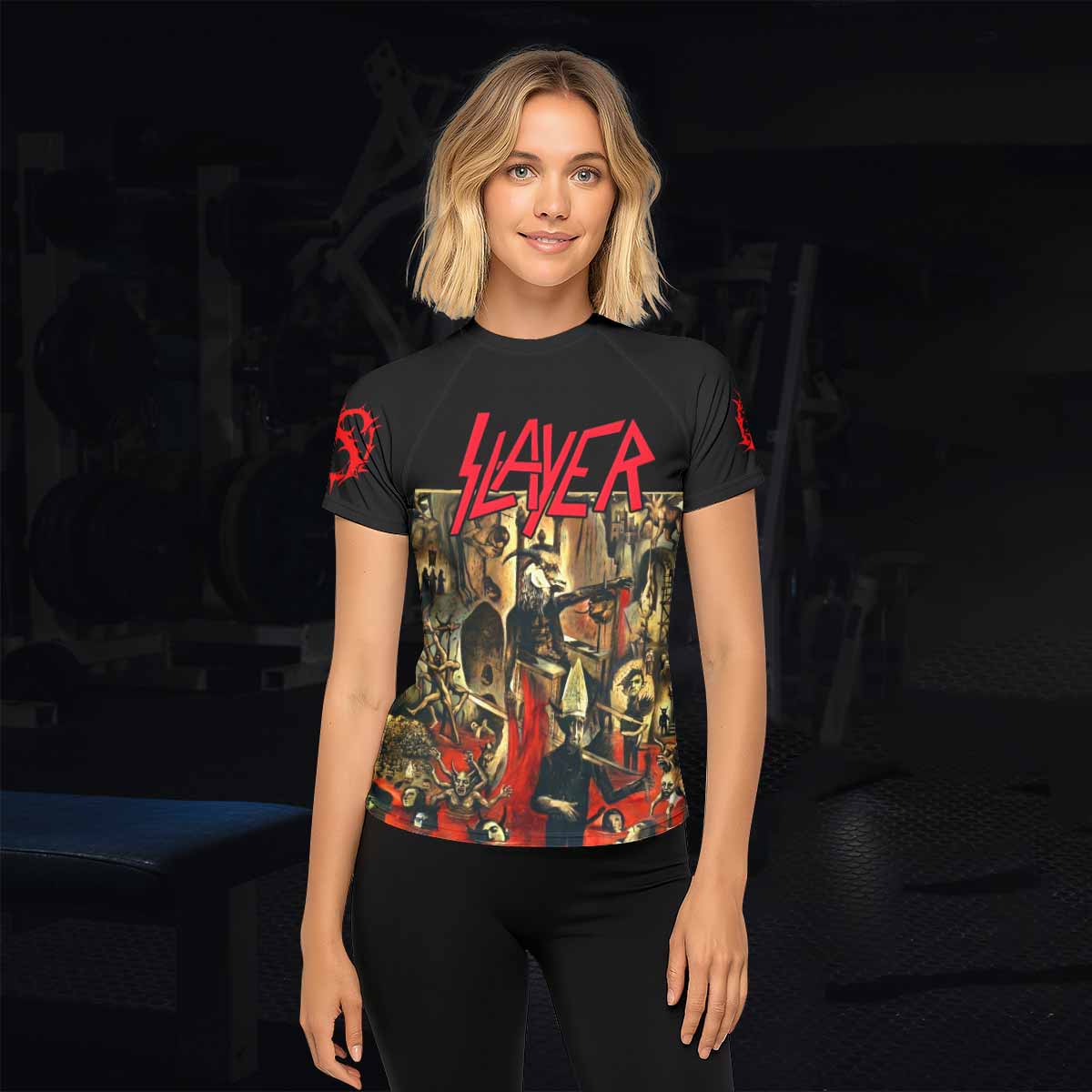South of Heaven Slayer Women's Rash Guard Short Sleeve - lifestyle view