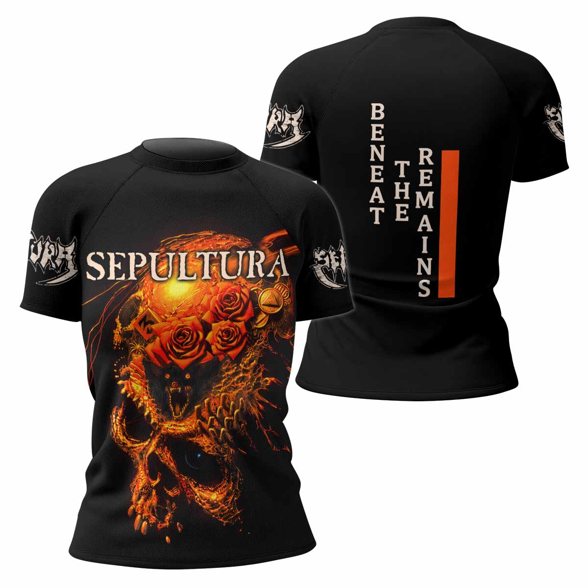 Beneath the Remains Sepultura Women's Rash Guard Short Sleeve - front and back view