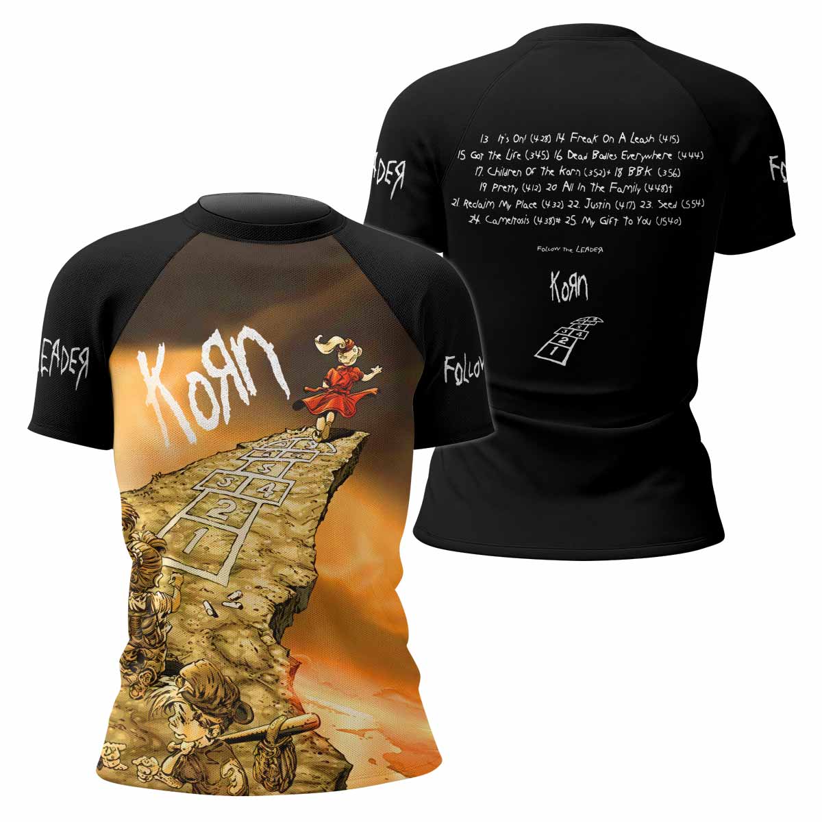 Korn Follow the Leader Hopscotch Women's Rash Guard Short Sleeve - front and back view
