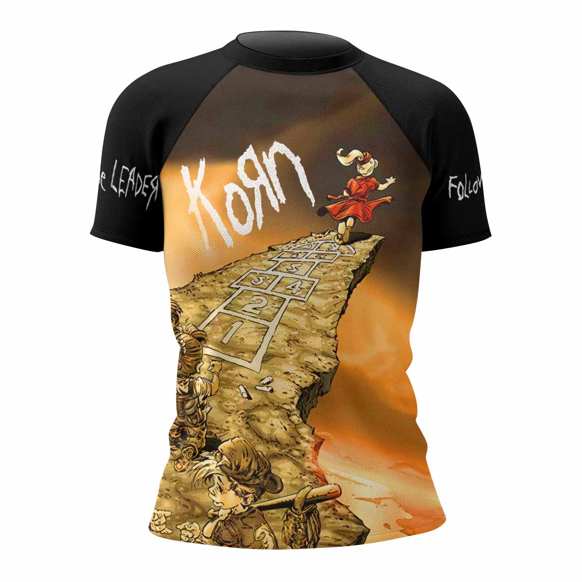 Korn Follow the Leader Hopscotch Women's Rash Guard Short Sleeve - front view mockup