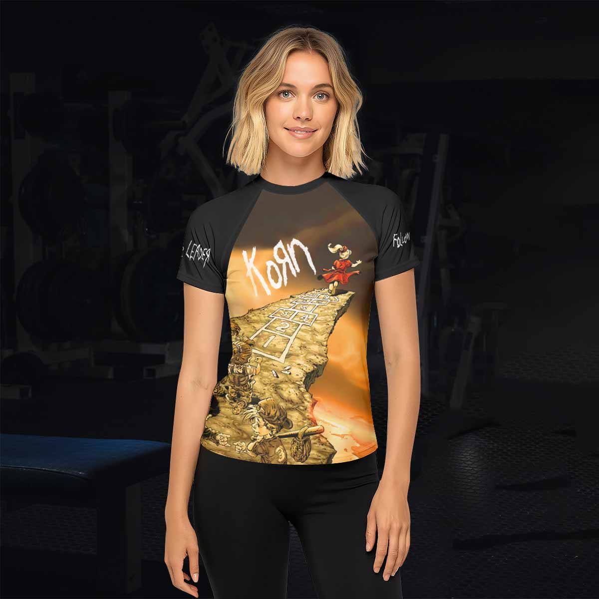 Korn Follow the Leader Hopscotch Women's Rash Guard Short Sleeve - lifestyle view