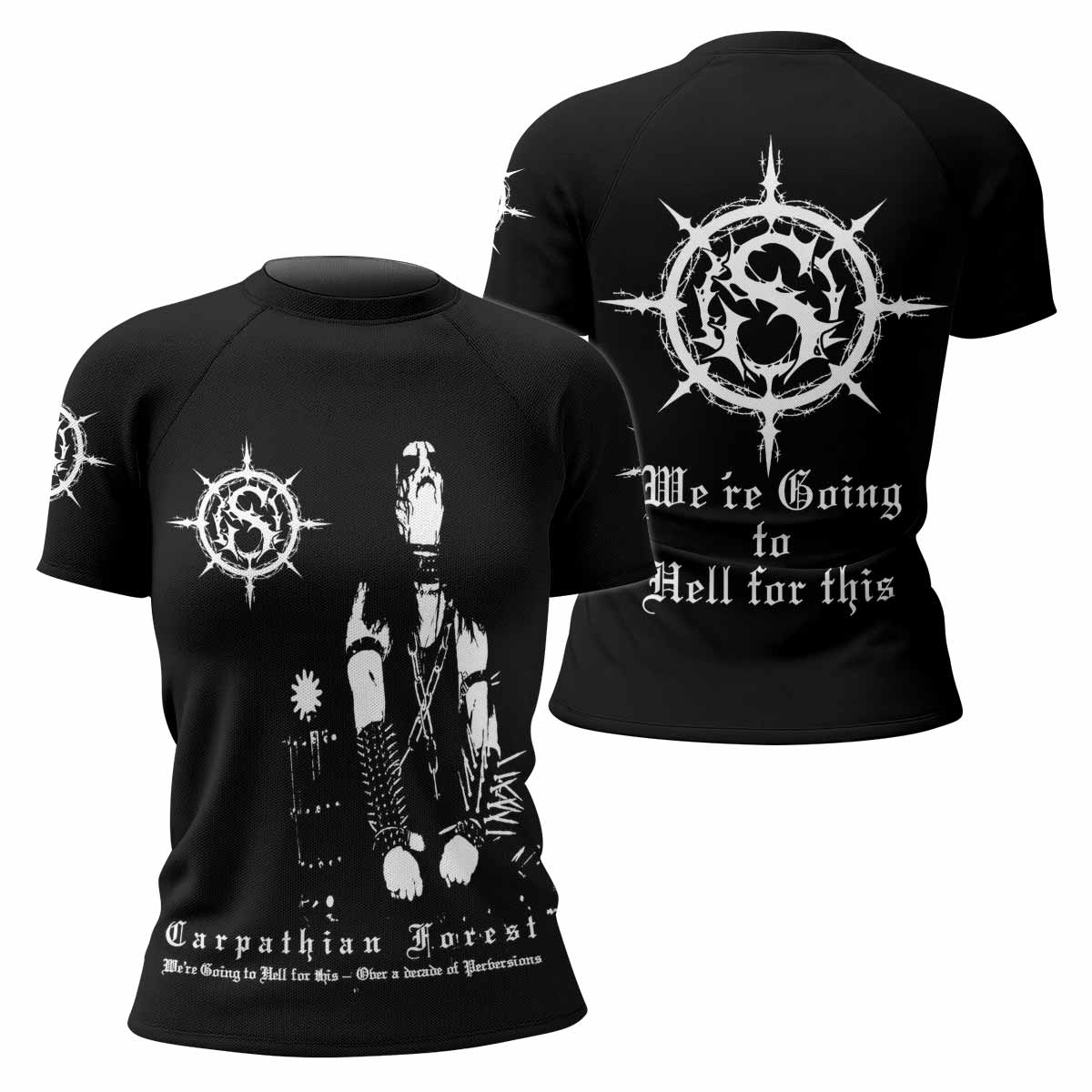 Carpathian Forest We're Going to Hell for This Women's Rash Guard Short Sleeve - front and back view