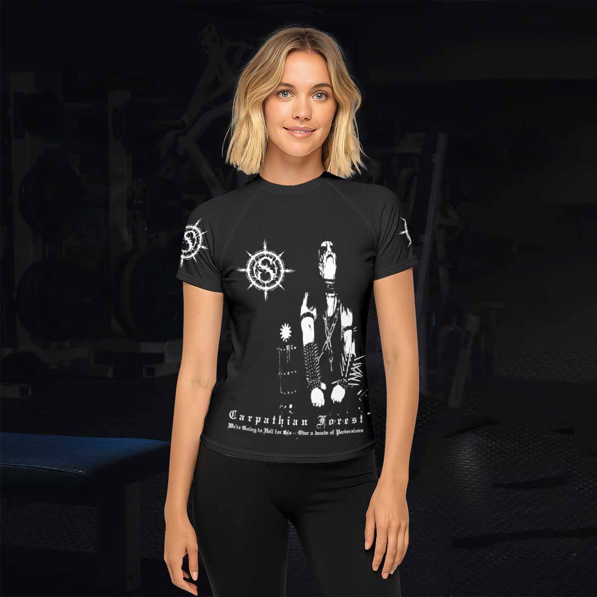 Carpathian Forest We're Going to Hell for This Women's Rash Guard Short Sleeve - lifestyle view