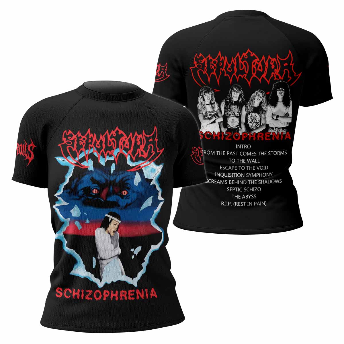 Sepultura Schizophrenia Women's Rash Guard Short Sleeve - front and back view