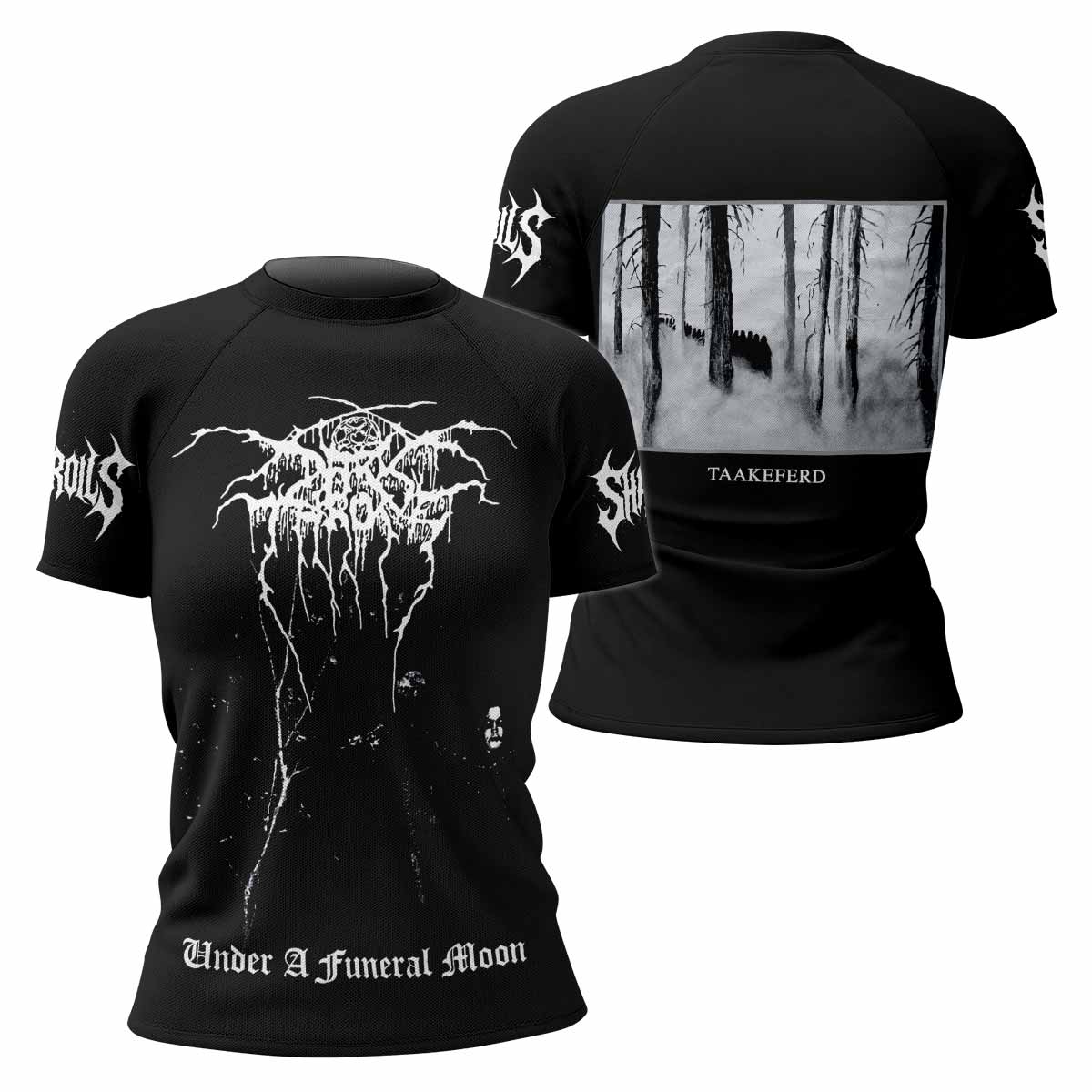 Darkthrone Under a Funeral Moon Women's Rash Guard Short Sleeve - front and back view