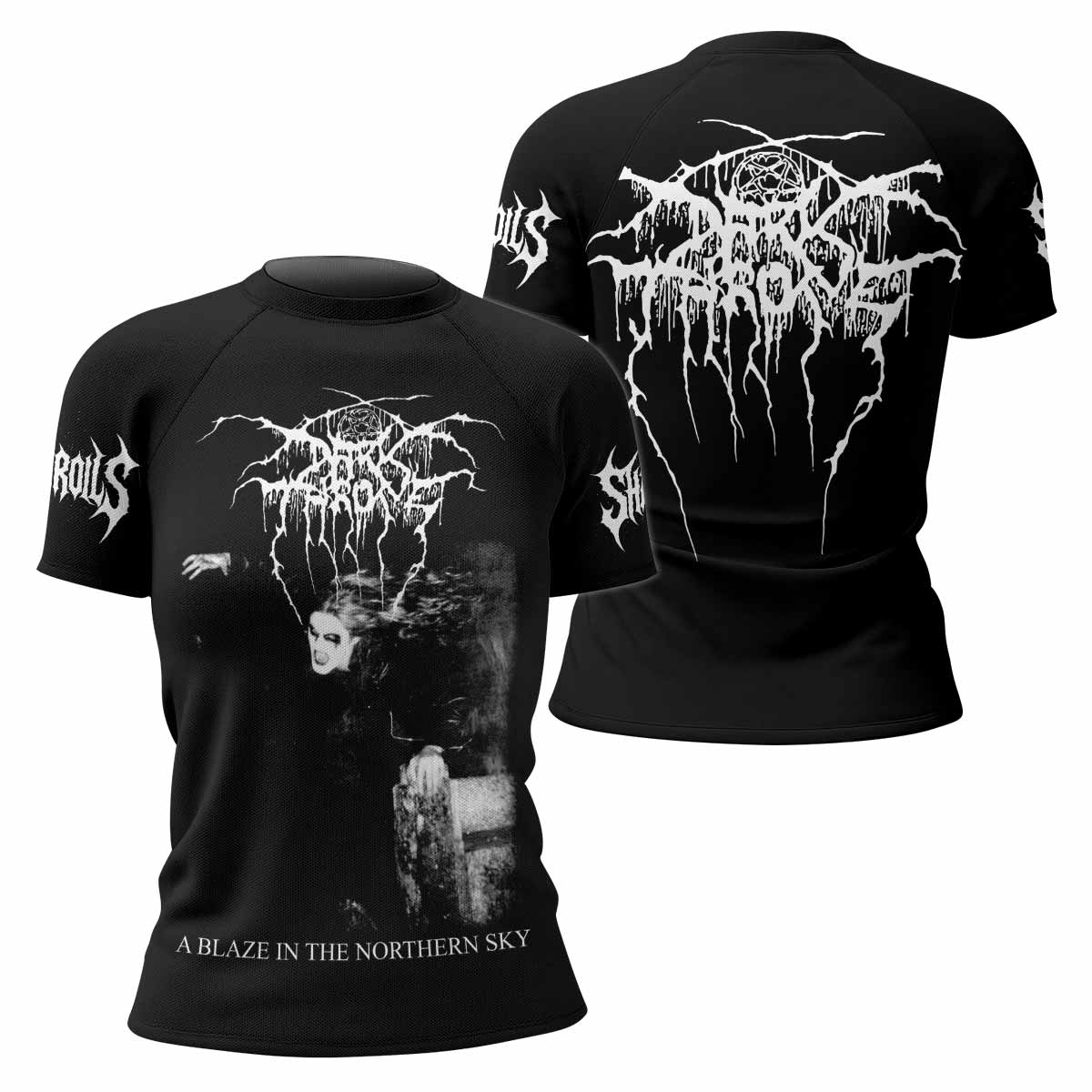 Darkthrone A Blaze in the Northern Sky Women's Rash Guard Short Sleeve - front and back view