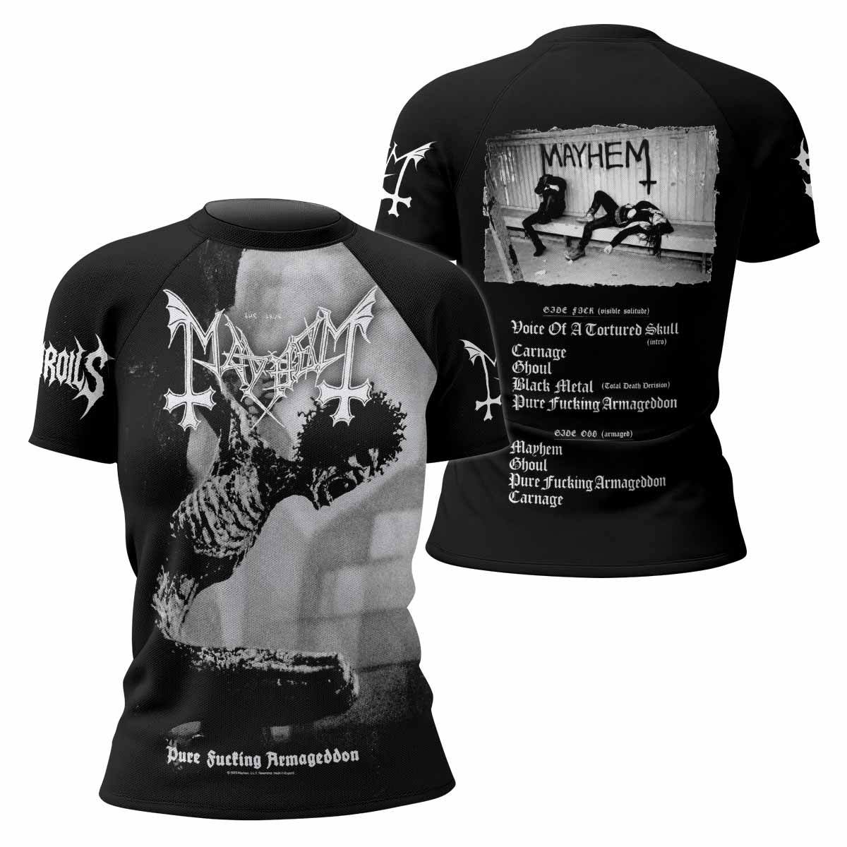 Mayhem Pure Fucking Armageddon Women's Rash Guard Short Sleeve - front and back view