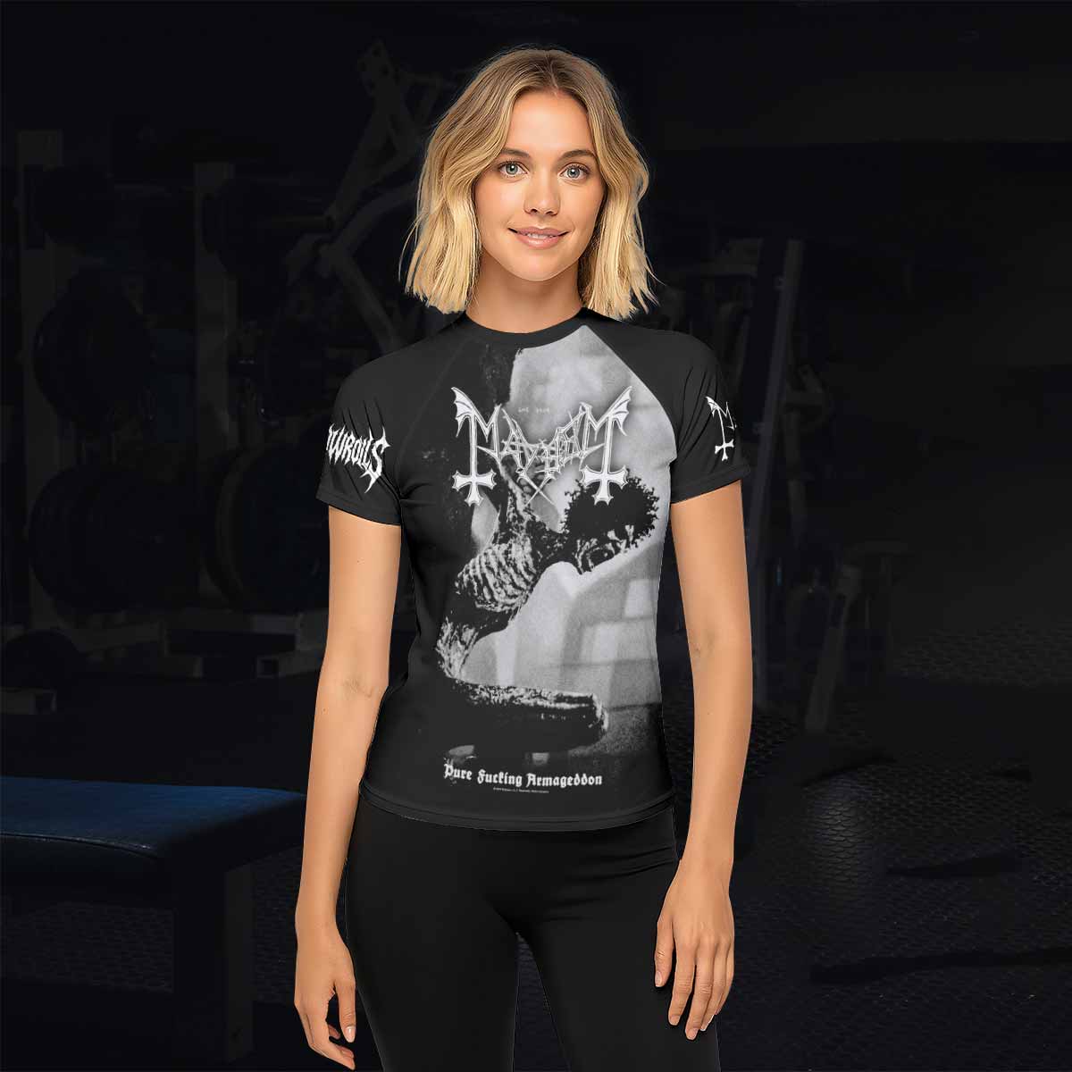 Mayhem Pure Fucking Armageddon Women's Rash Guard Short Sleeve - lifestyle view