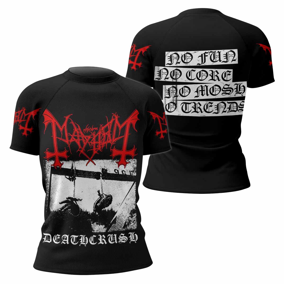 Mayhem Deathcrush No Fun No Core No Mosh No Trends Women's Rash Guard Short Sleeve - front and back view