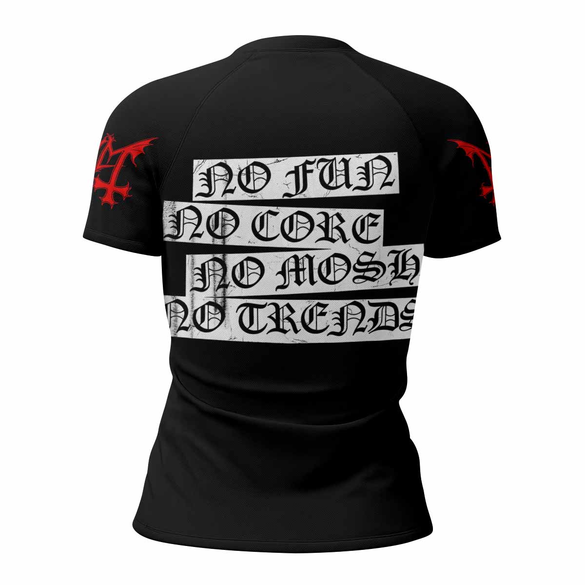 Mayhem Deathcrush No Fun No Core No Mosh No Trends Women's Rash Guard Short Sleeve - back view mockup