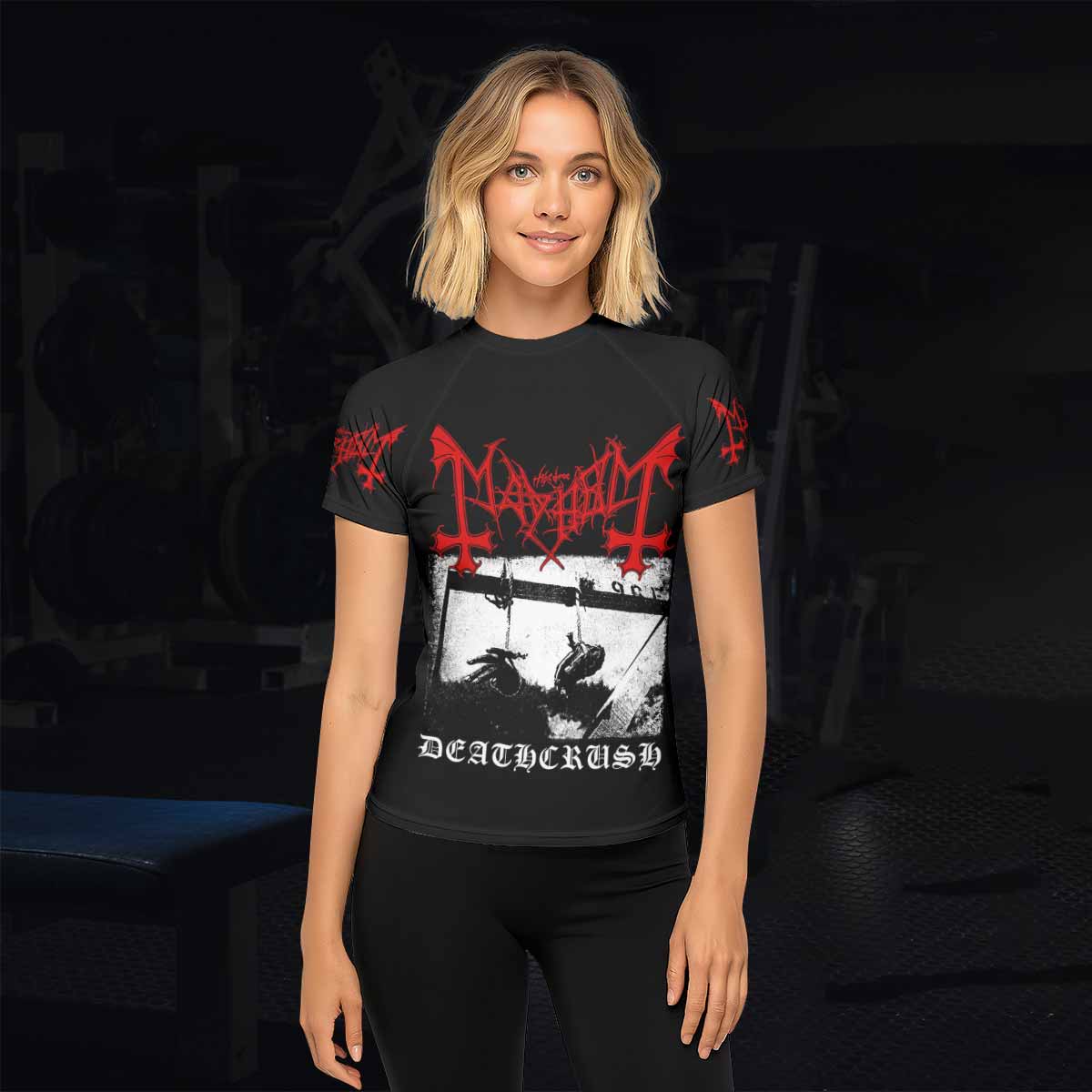 Mayhem Deathcrush No Fun No Core No Mosh No Trends Women's Rash Guard Short Sleeve - lifestyle view