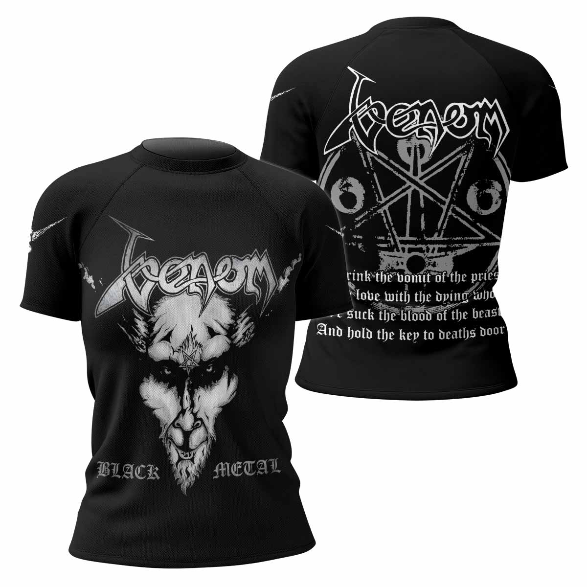 Venom Black Metal Goat Sigil Women's Rash Guard Short Sleeve - front and back view