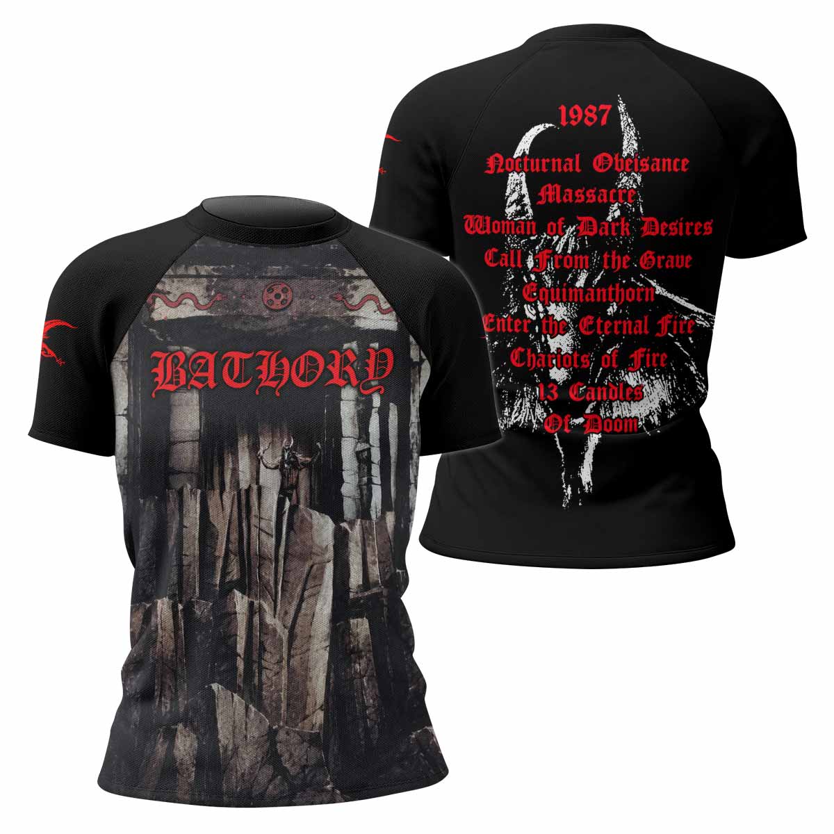 Bathory Under the Sign of the Black Mark Women's Rash Guard Short Sleeve - front and back view
