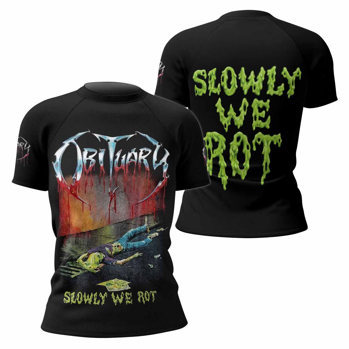 Obituary Slowly We Rot Women's Rash Guard Short Sleeve - front and back view
