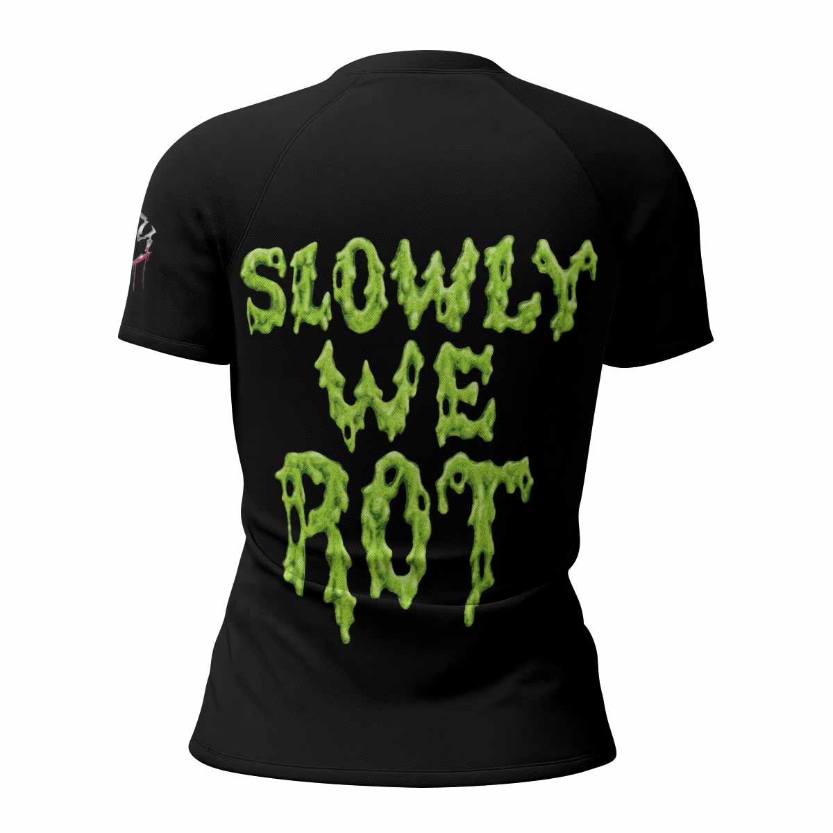 Obituary Slowly We Rot Women's Rash Guard Short Sleeve - back view mockup