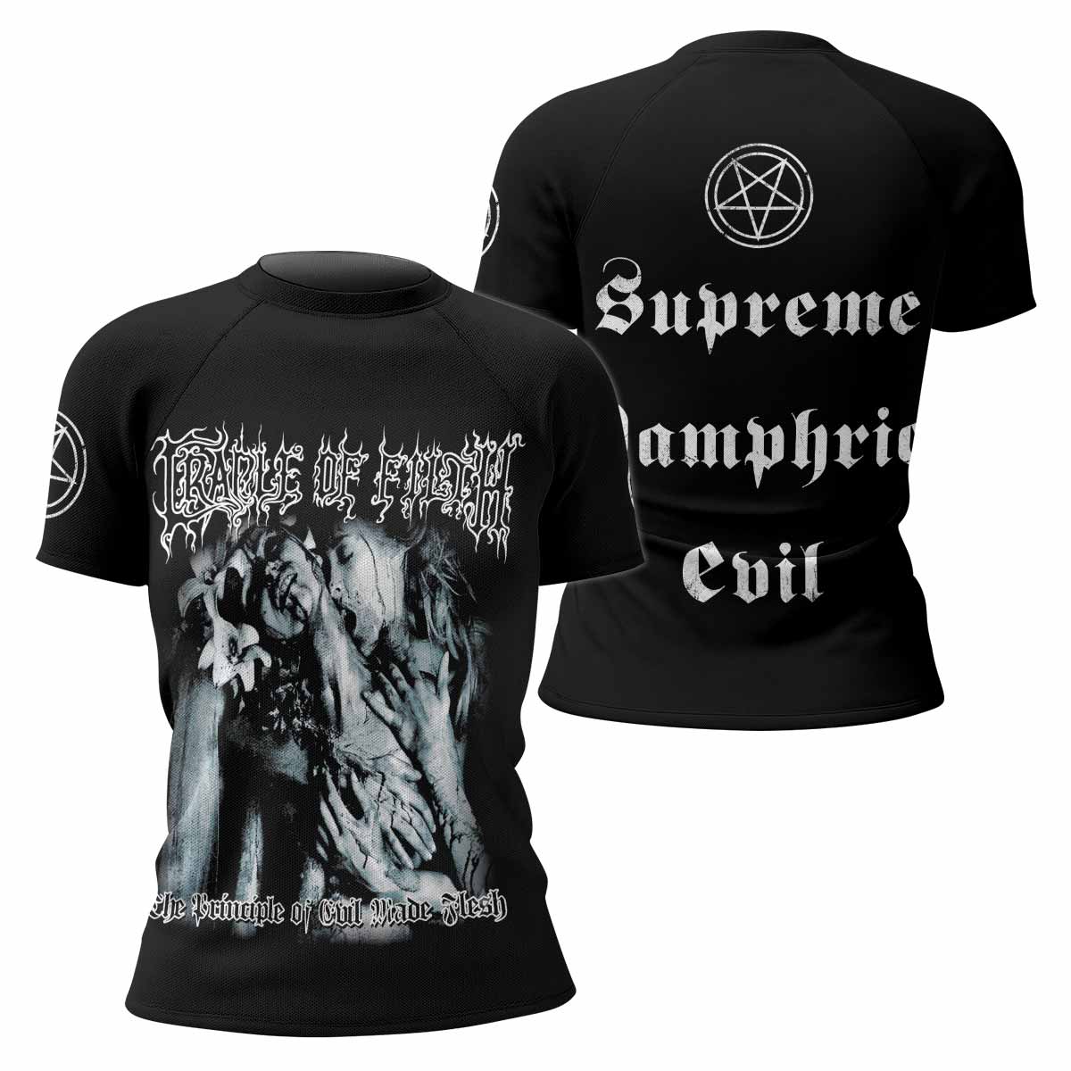 Cradle of Filth The Principle of Evil Made Flesh Women's Rash Guard Short Sleeve - front and back view