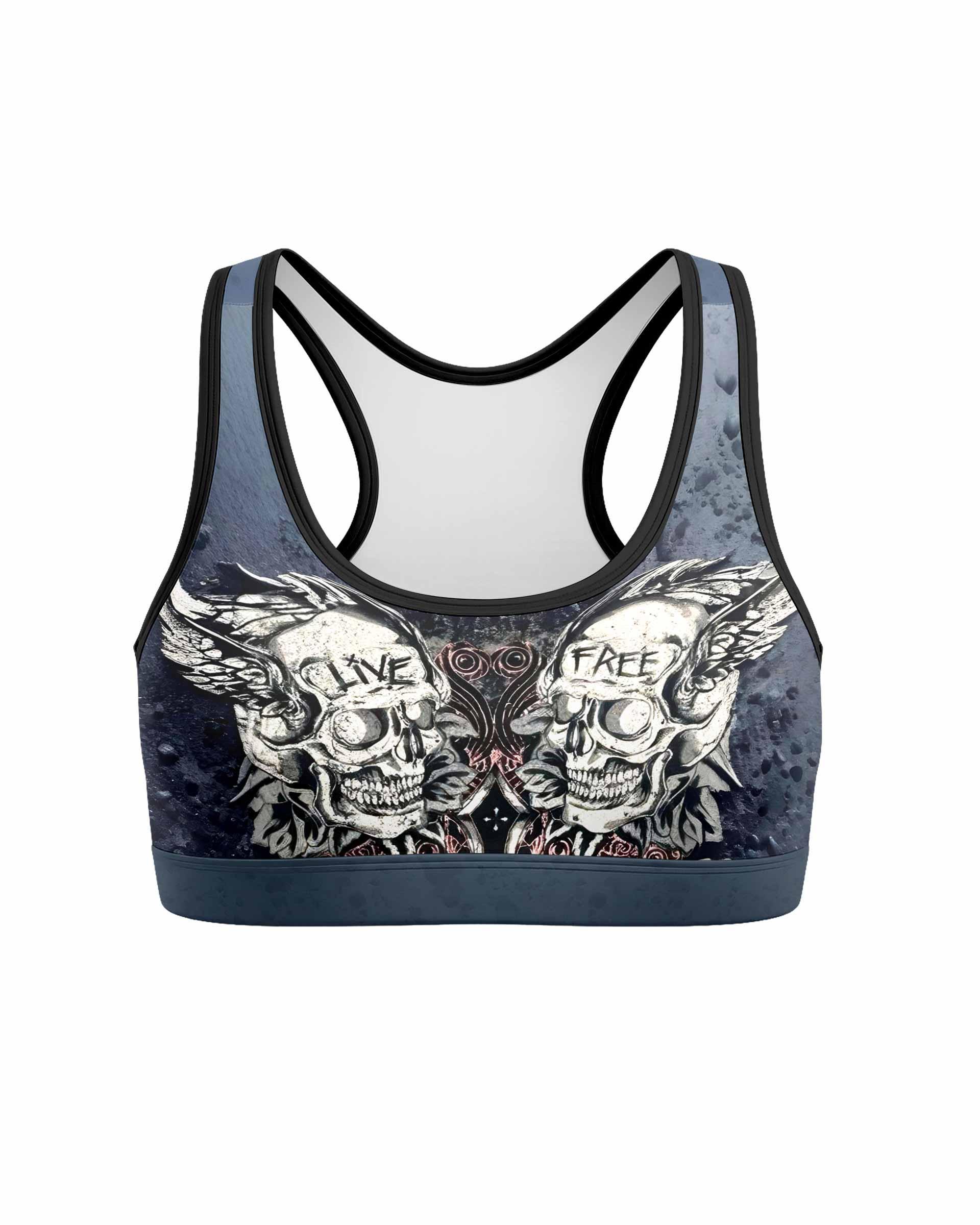 Live Free Warrior Women's Padded Sports Bra - front view mockup