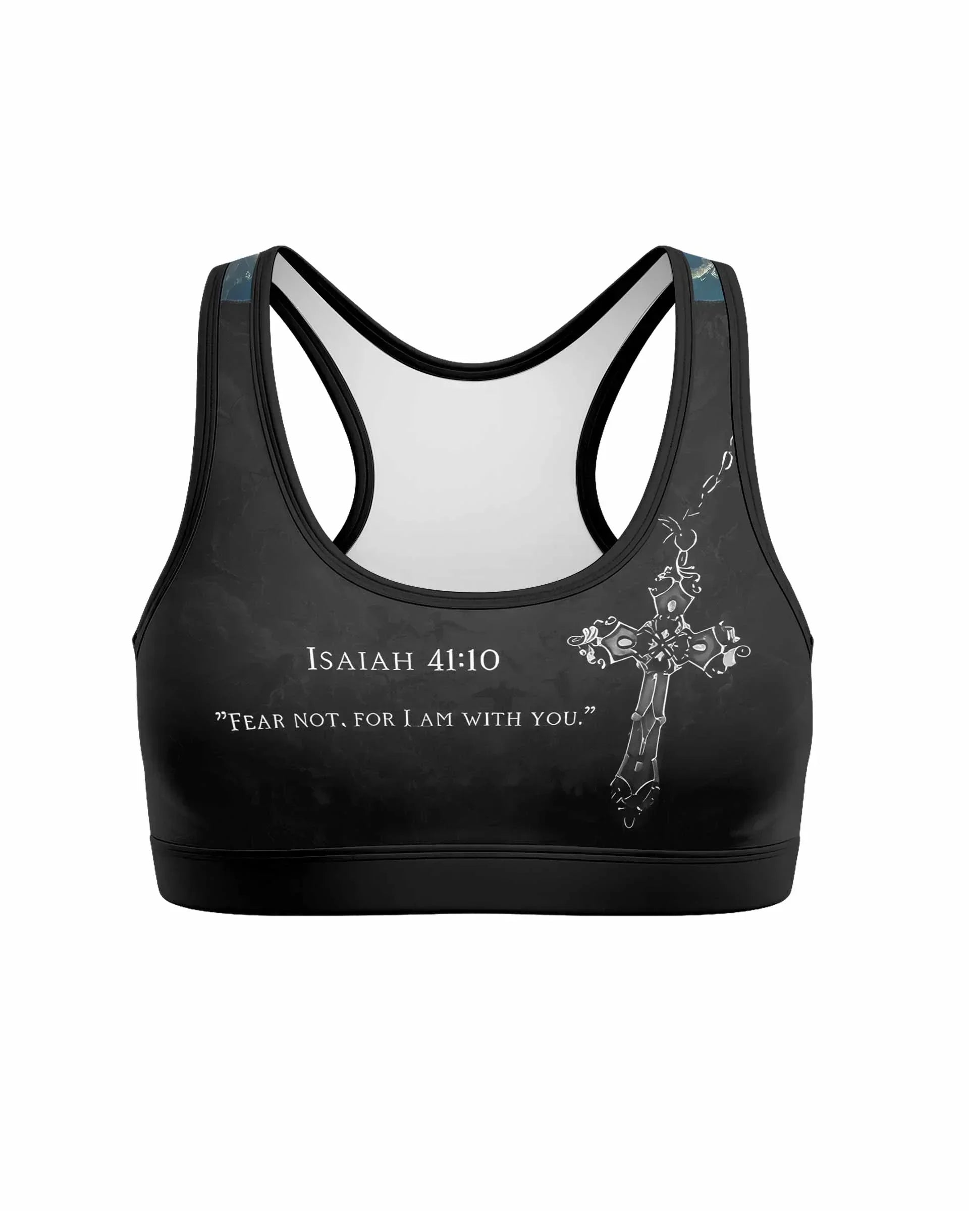Isaiah 41:10 Fear Not Women's Padded Sports Bra - front view mockup