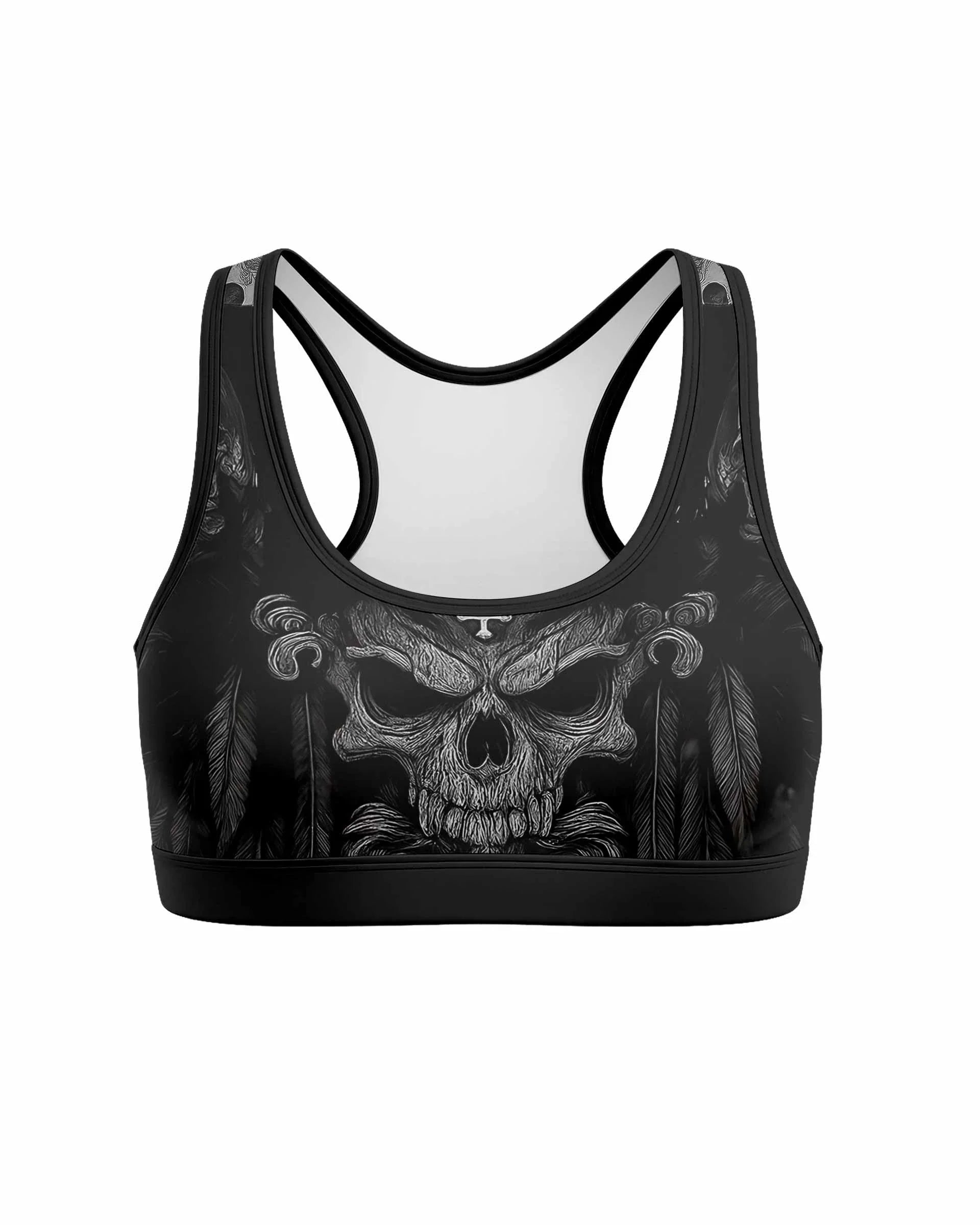Savage Winged Skull Women's Padded Sports Bra - front view mockup