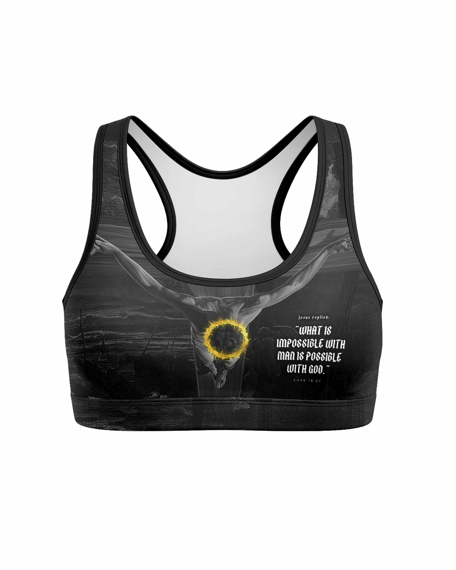 Crucified Grace Women's Padded Sports Bra - front view mockup
