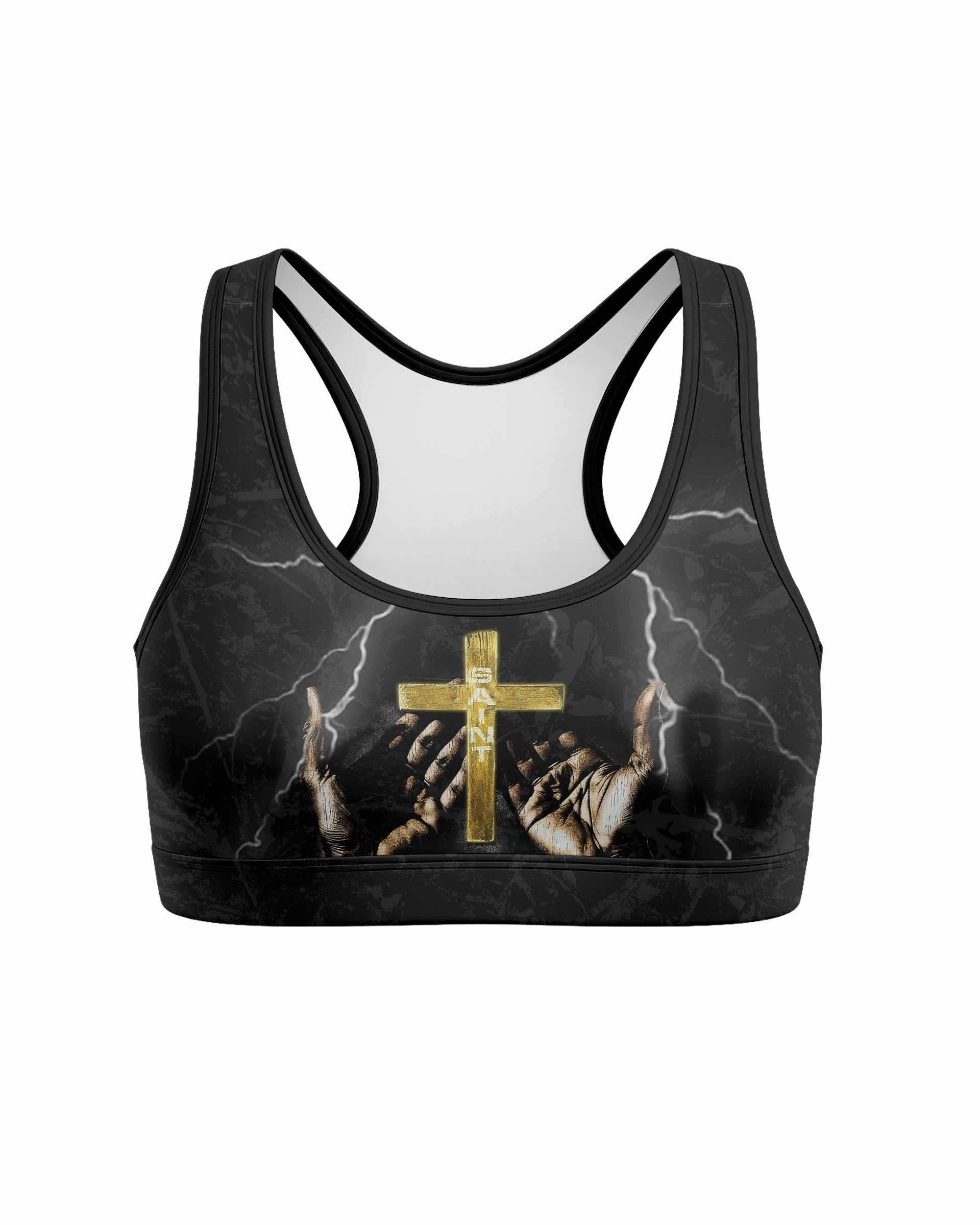 Crucified Saint Women's Padded Sports Bra - front view mockup