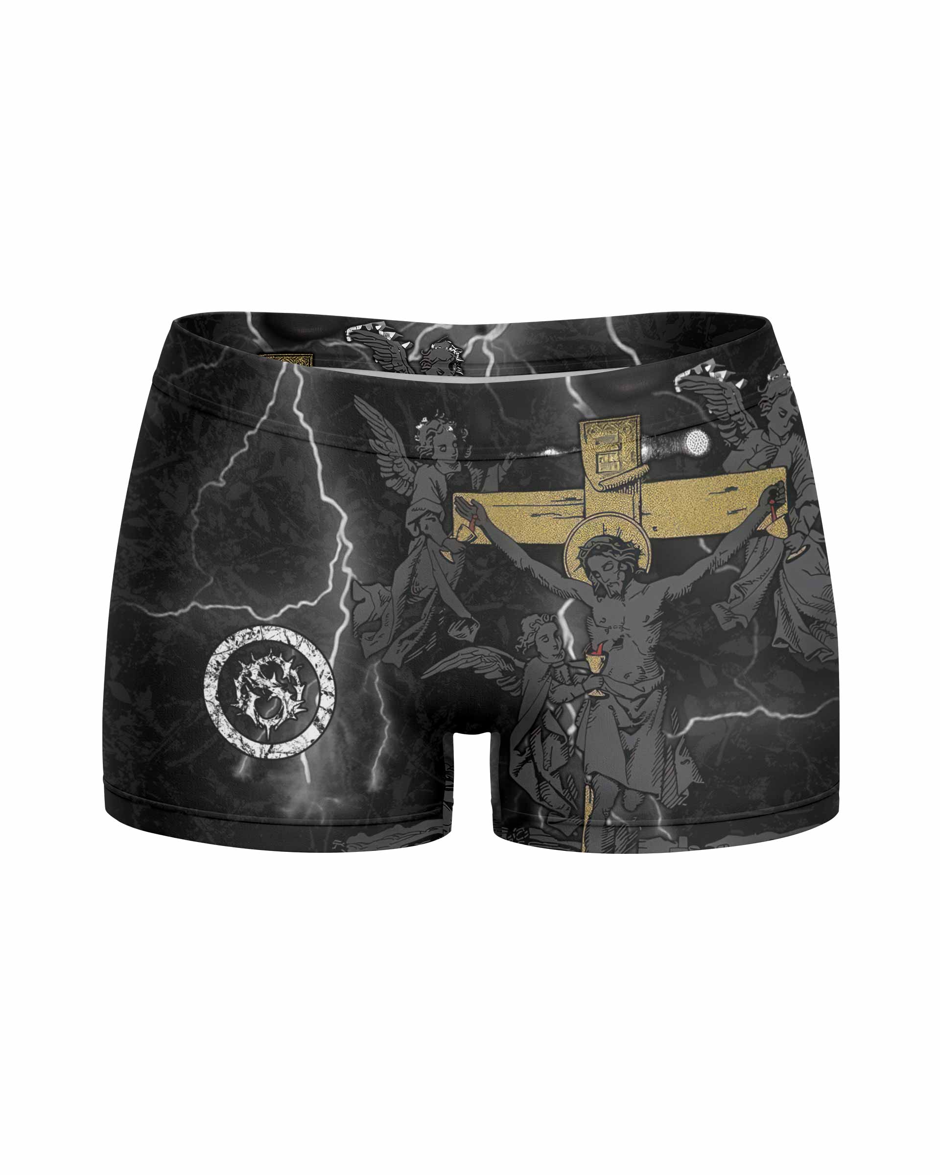 Crucified Saint Women's Yoga Shorts - front view mockup
