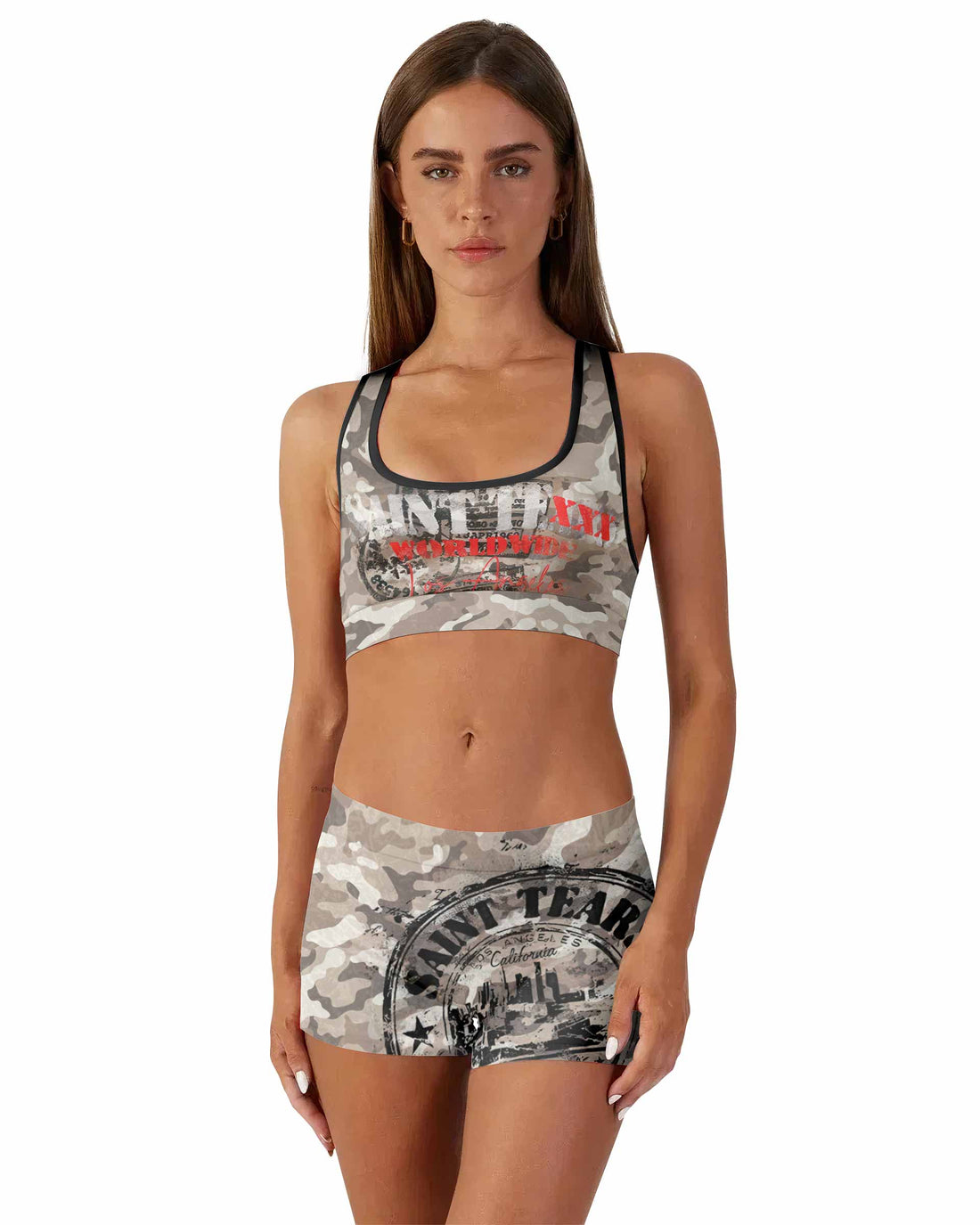 Saint Tears Camo Women's Workout Set - front lifestyle view