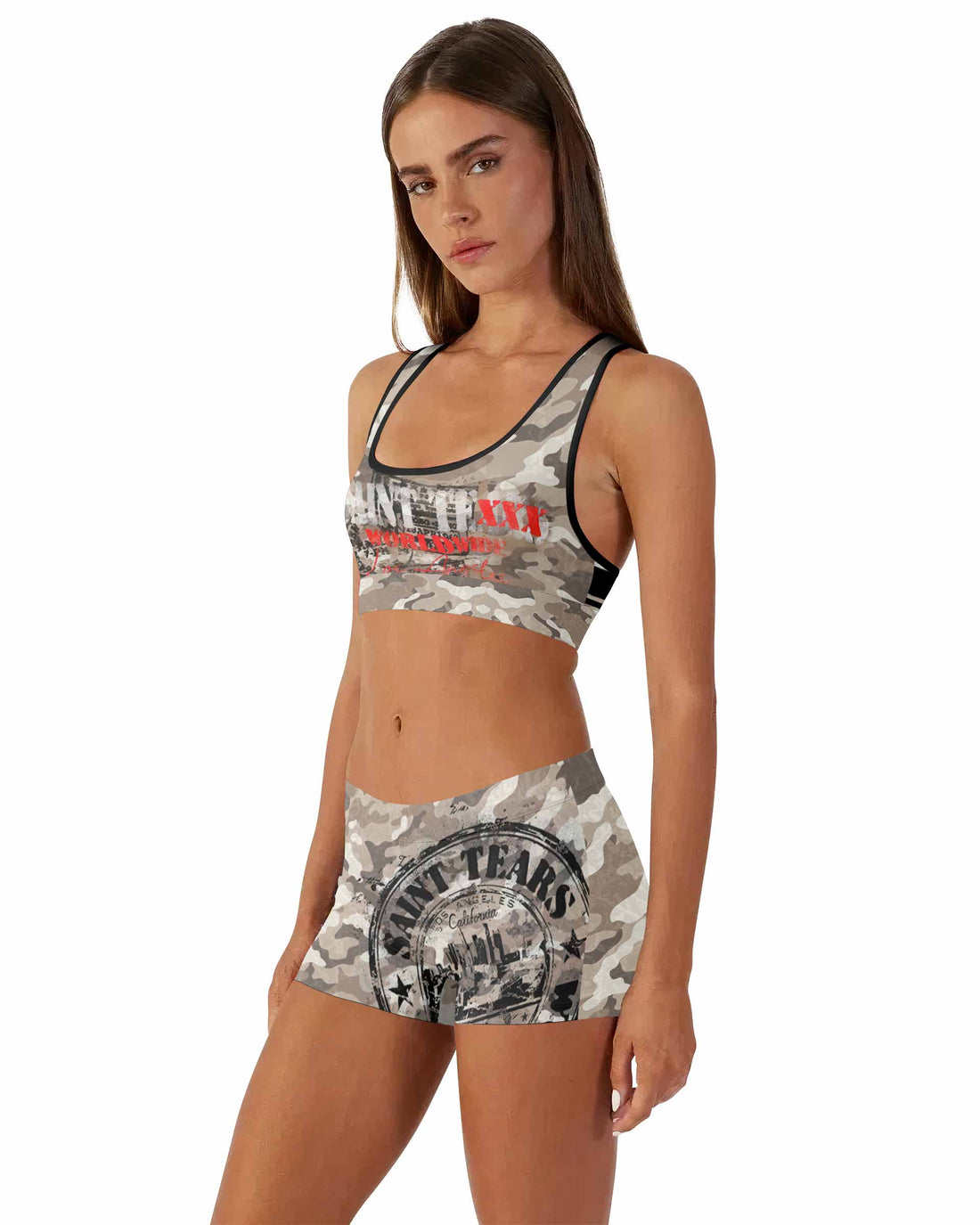 Saint Tears Camo Women's Workout Set - front lifestyle view