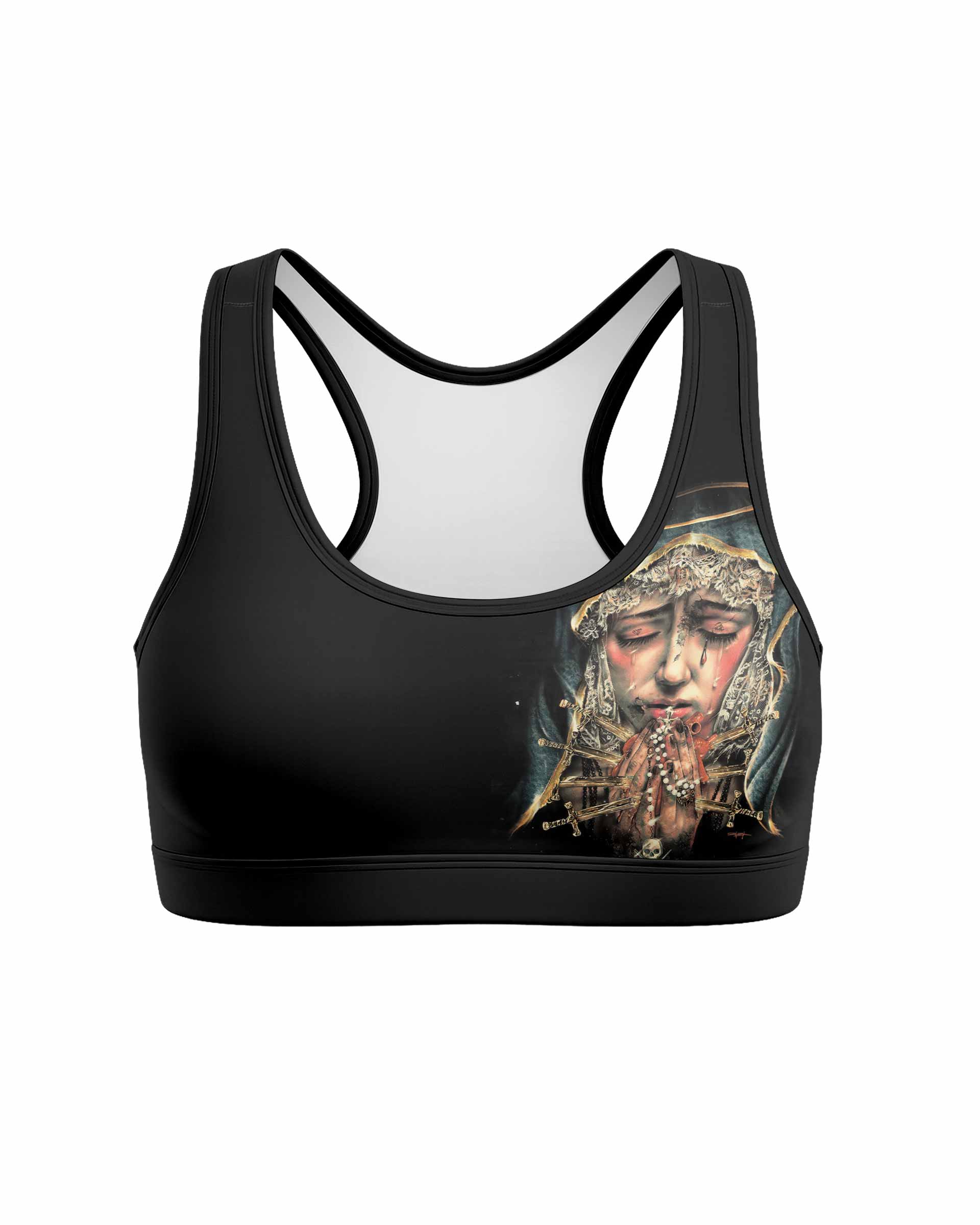 Stigmata Prayer Women's Padded Sports Bra - front view mockup