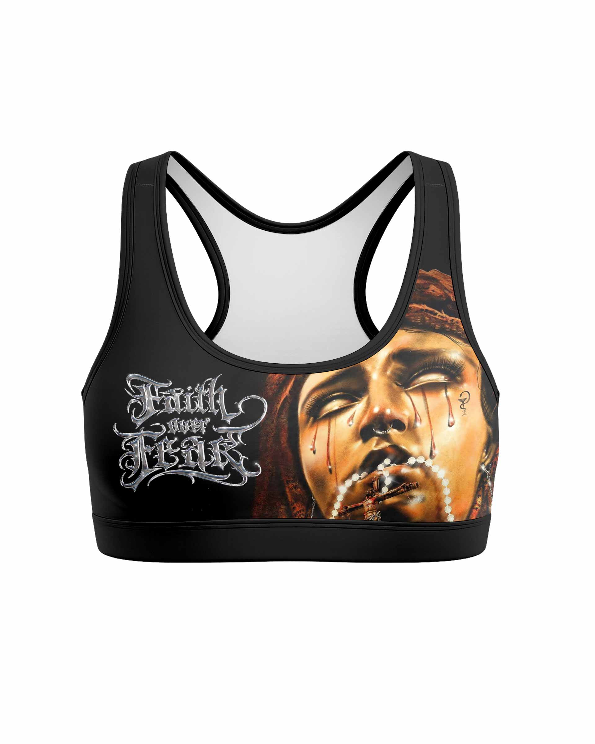 Faith Over Fear Women's Padded Sports Bra - front view mockup