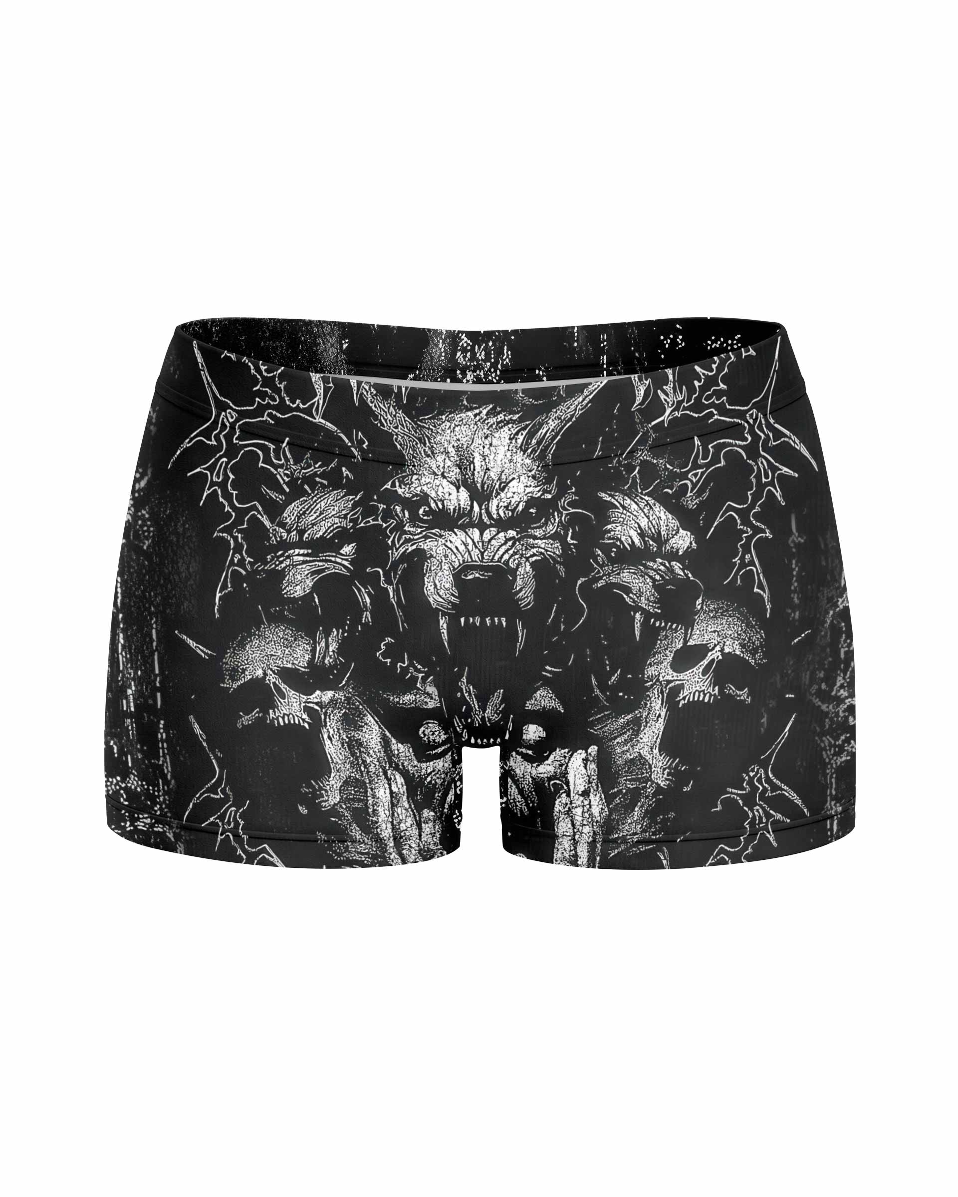 Dark Cerberus Unleashed Women's Yoga Shorts - front view mockup
