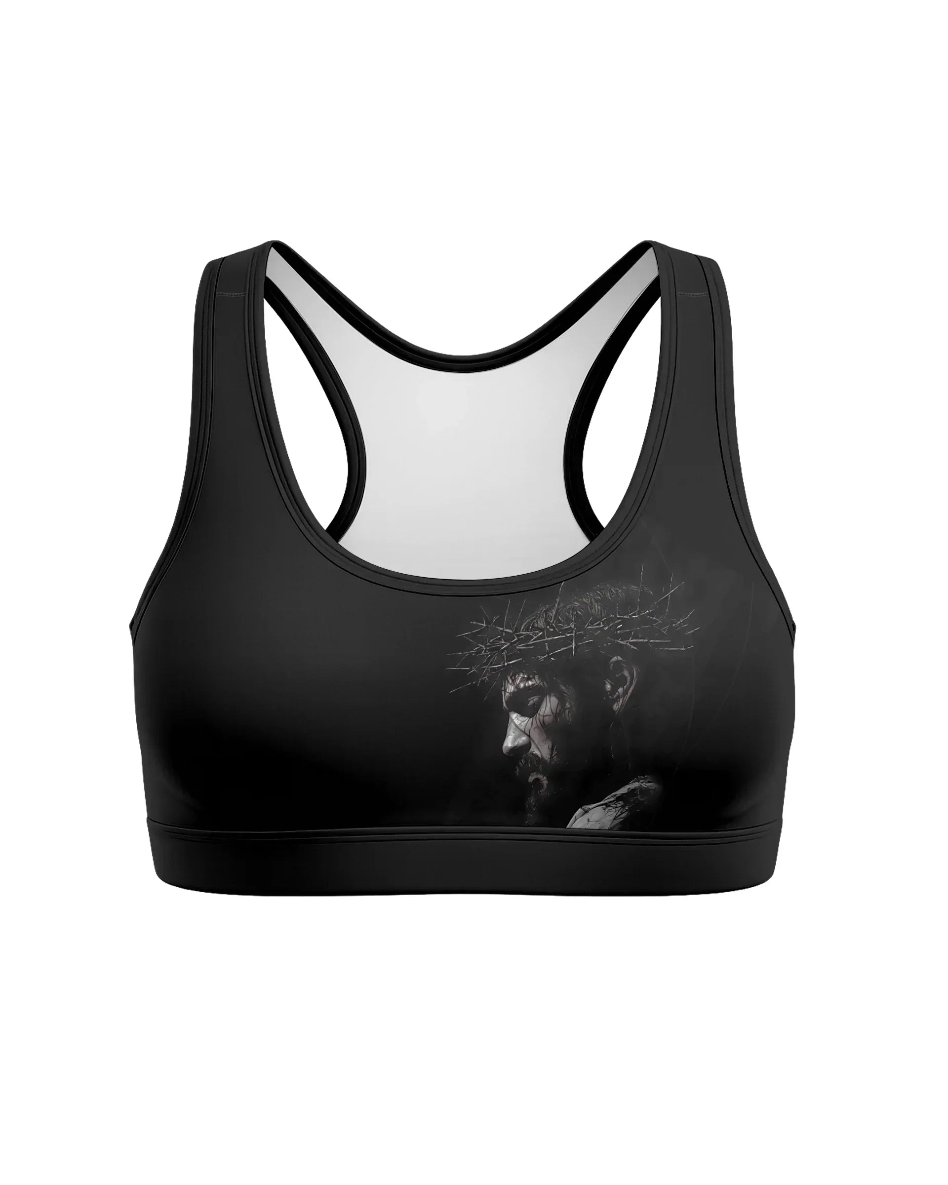 Crucified Silence Women's Padded Sports Bra - front view mockup