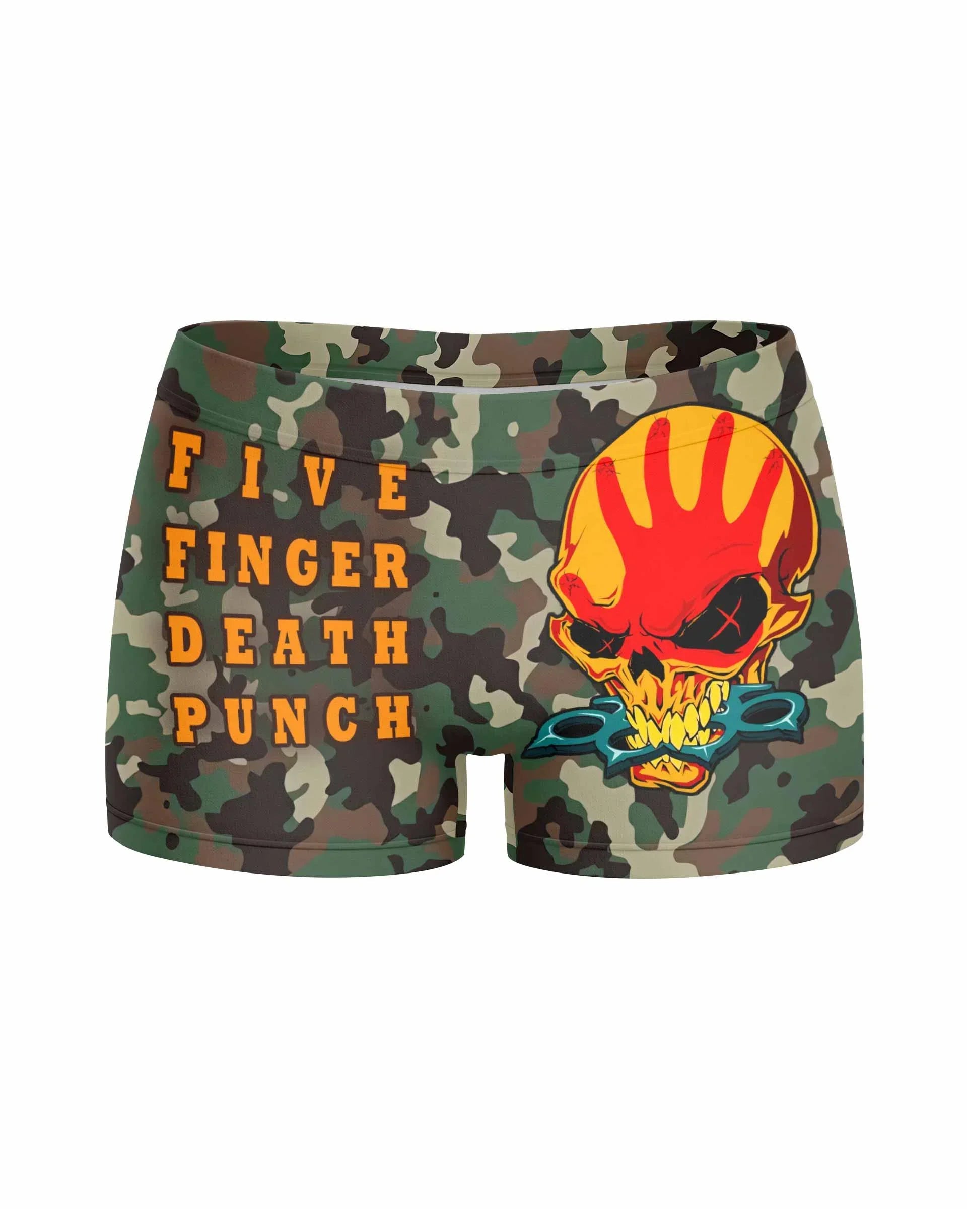 Five Finger Death Punch Camo Women's Yoga Shorts - front view mockup