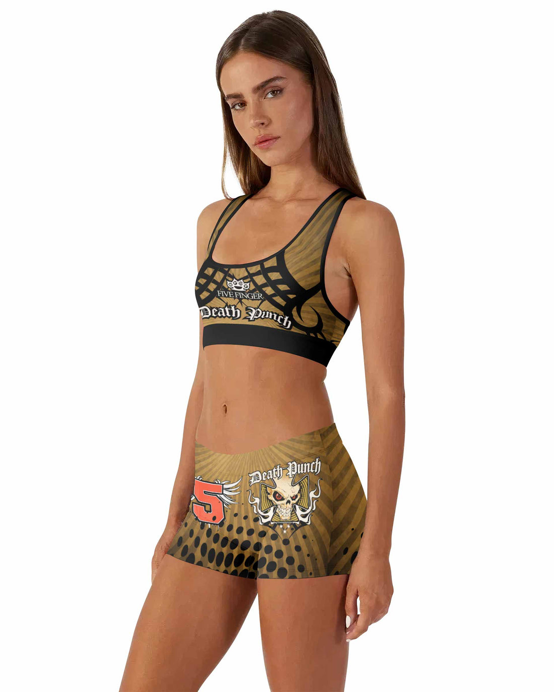 Five Finger Death Punch Gold V Women's Workout Set - front lifestyle view