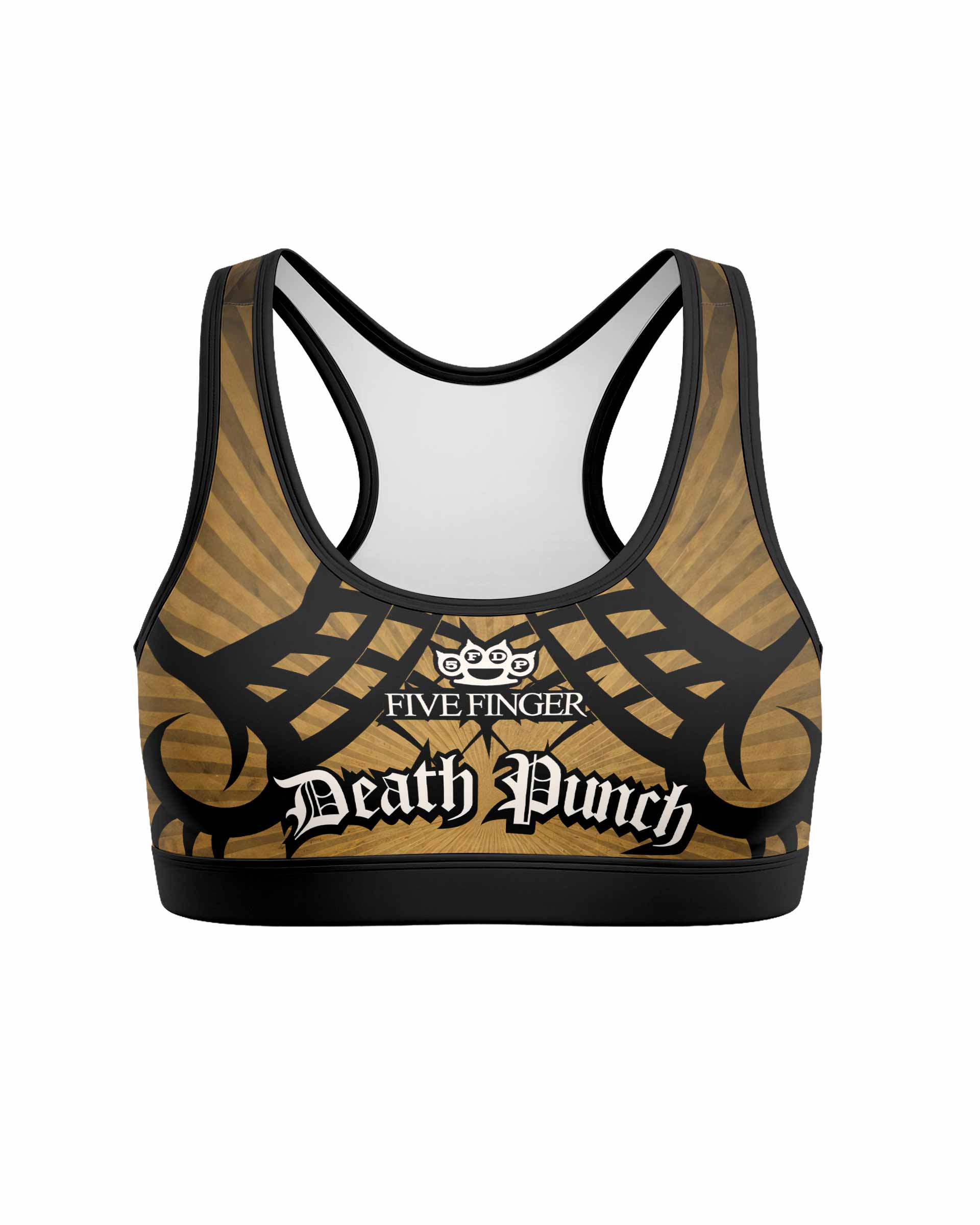 Five Finger Death Punch Gold V Women's Padded Sports Bra - front view mockup