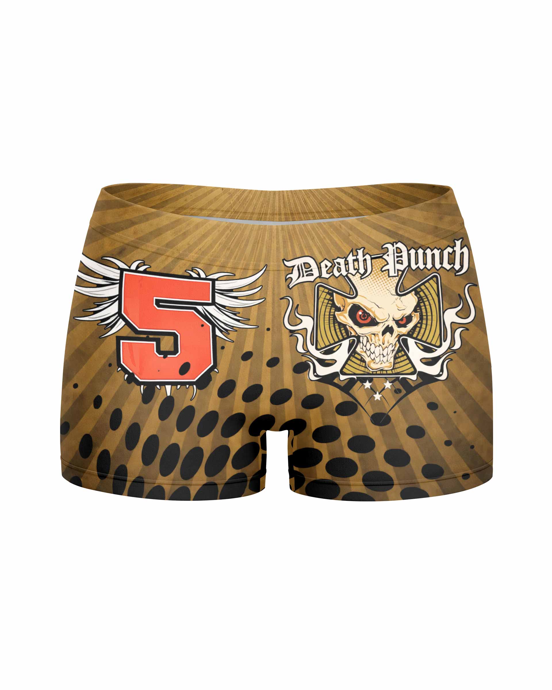 Five Finger Death Punch Gold V Women's Yoga Shorts - front view mockup