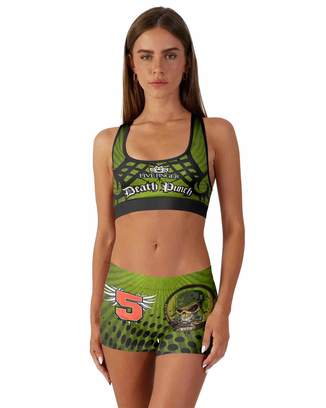 Five Finger Death Punch Green V Women's Workout Set - front lifestyle view