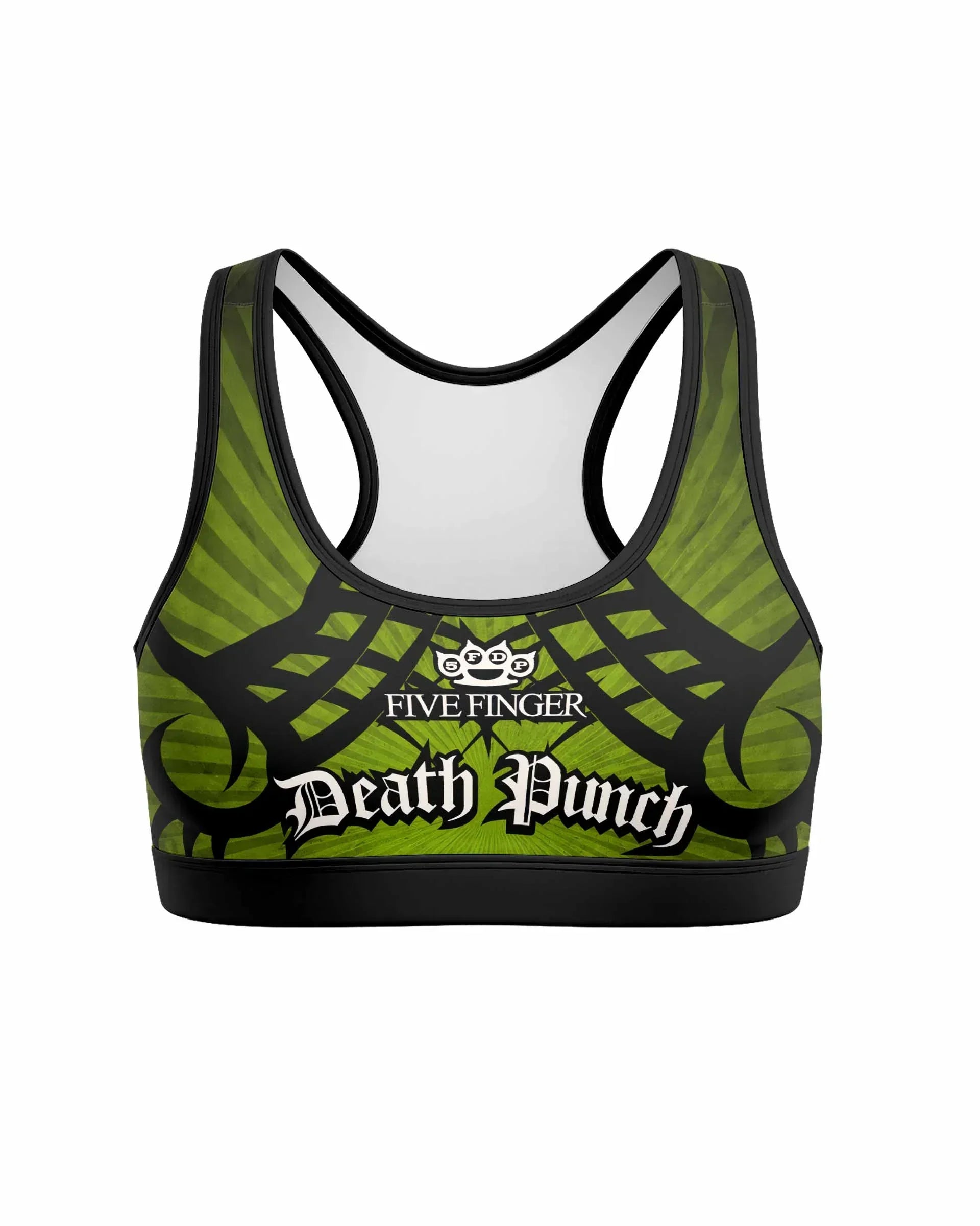 Five Finger Death Punch Green V Women's Padded Sports Bra - front view mockup