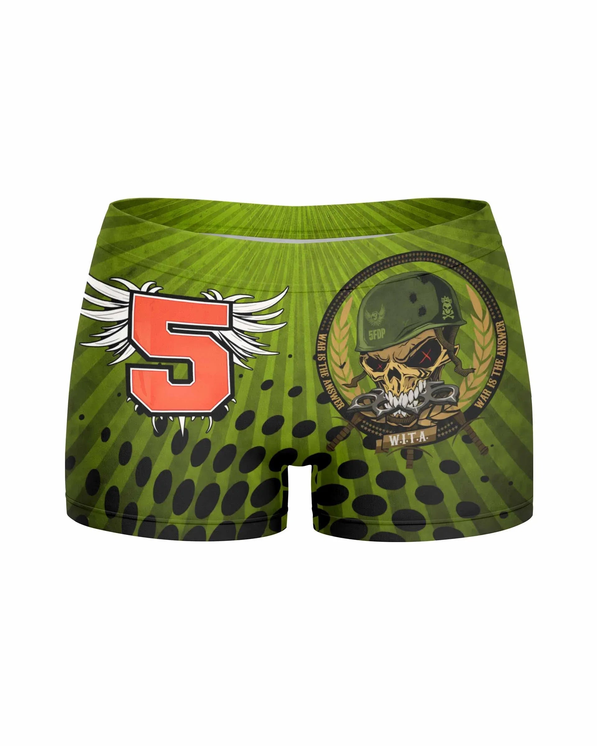 Five Finger Death Punch Green V Women's Yoga Shorts - front view mockup